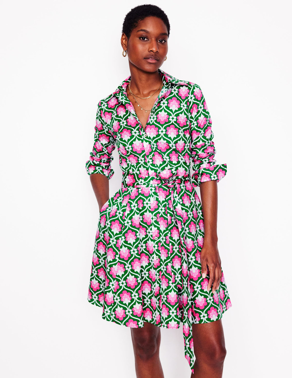 Amy Cotton Short Shirt Dress-Rich Emerald, Ivy Trellis - Image 1
