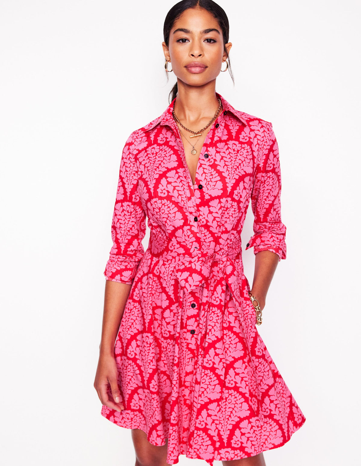 Amy Cotton Short Shirt Dress-Poppy Red, Blossomy - Image 1
