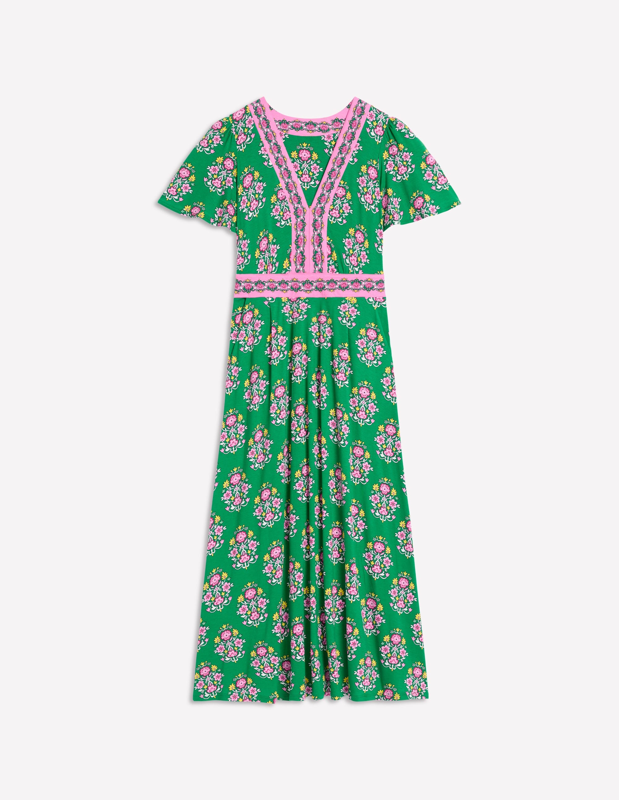 Ellie Flutter Maxi Tea Dress-Rich Emerald, Wildflower Stamp - Image 6
