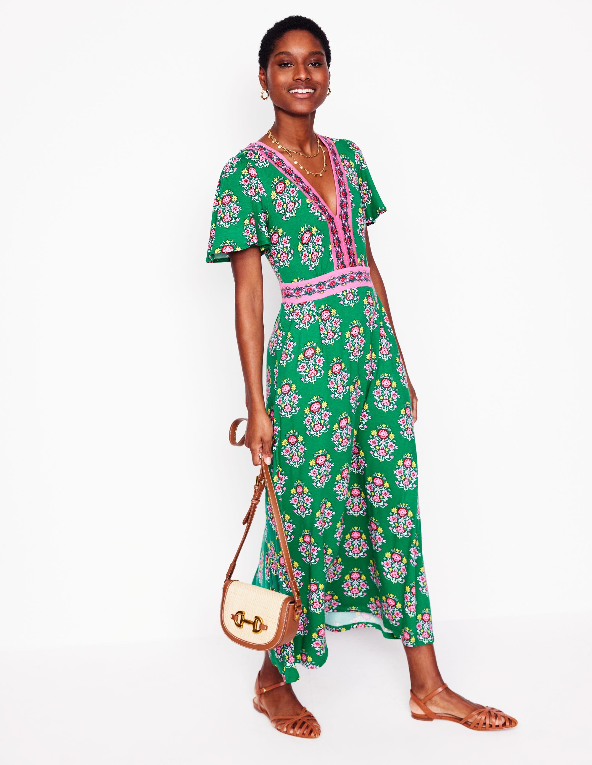 Ellie Flutter Maxi Tea Dress-Rich Emerald, Wildflower Stamp - Image 1