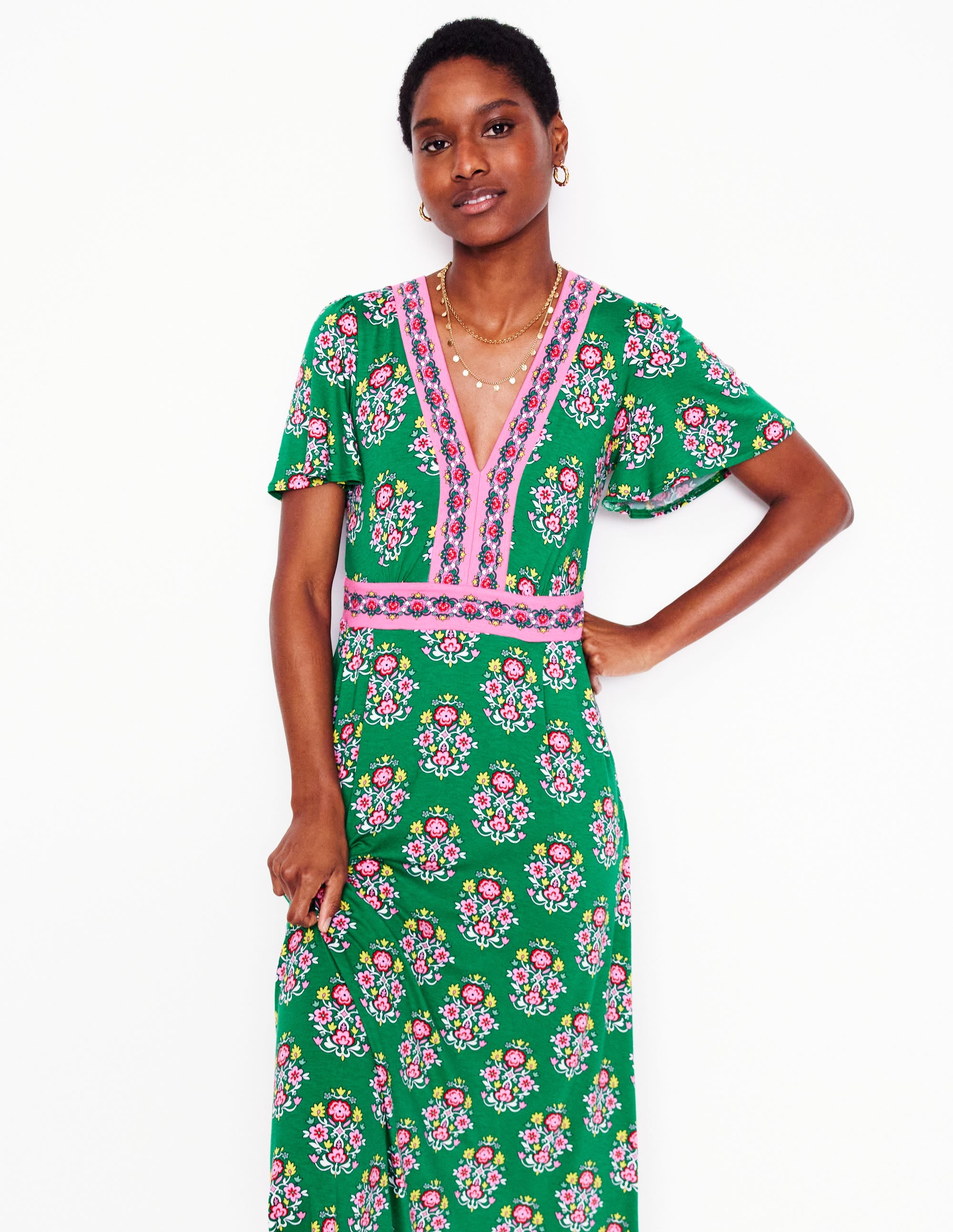 Ellie Flutter Maxi Tea Dress-Rich Emerald, Wildflower Stamp - Image 5