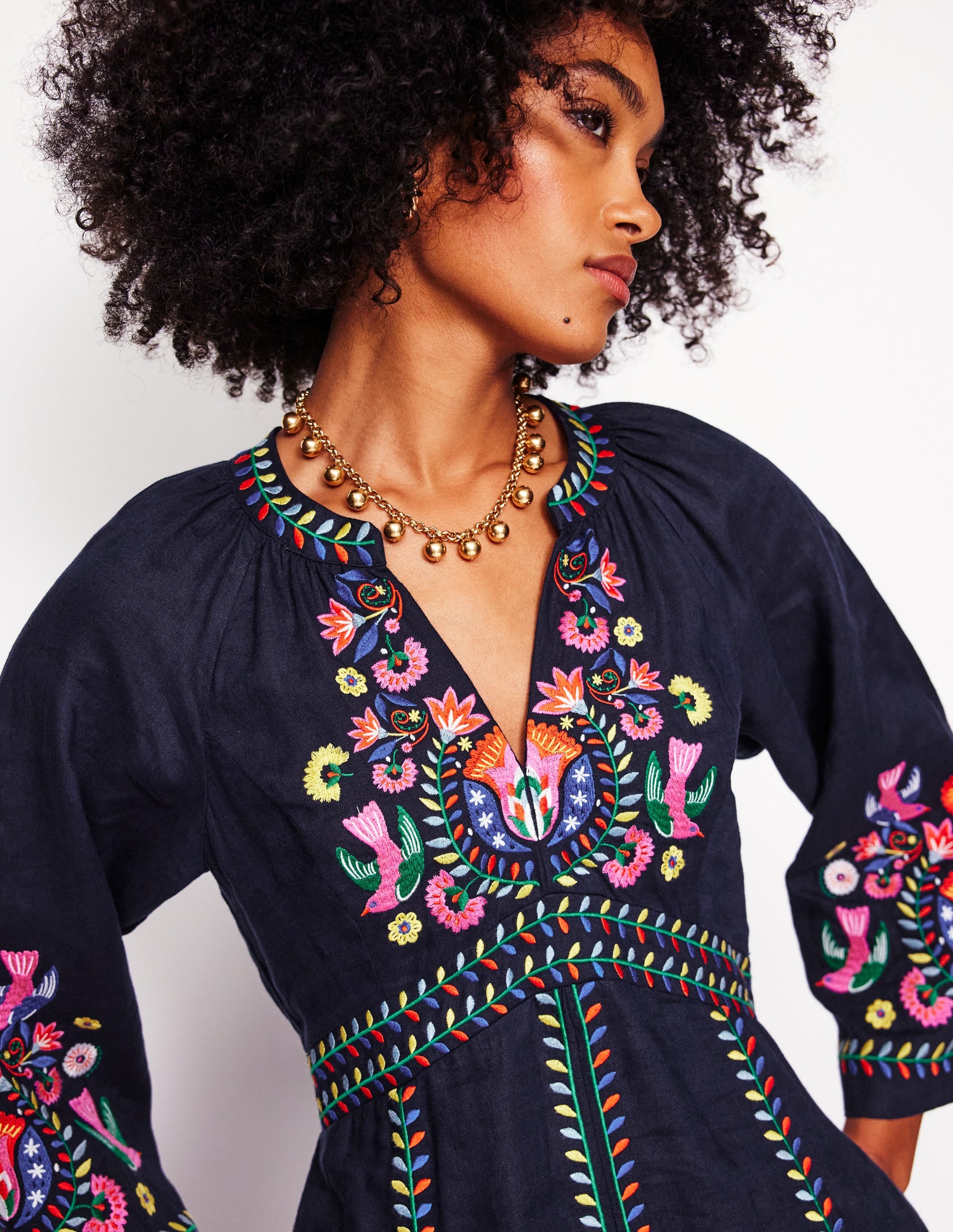 Una Linen Midi Dress-Navy, Multi Embroidery - Image 1