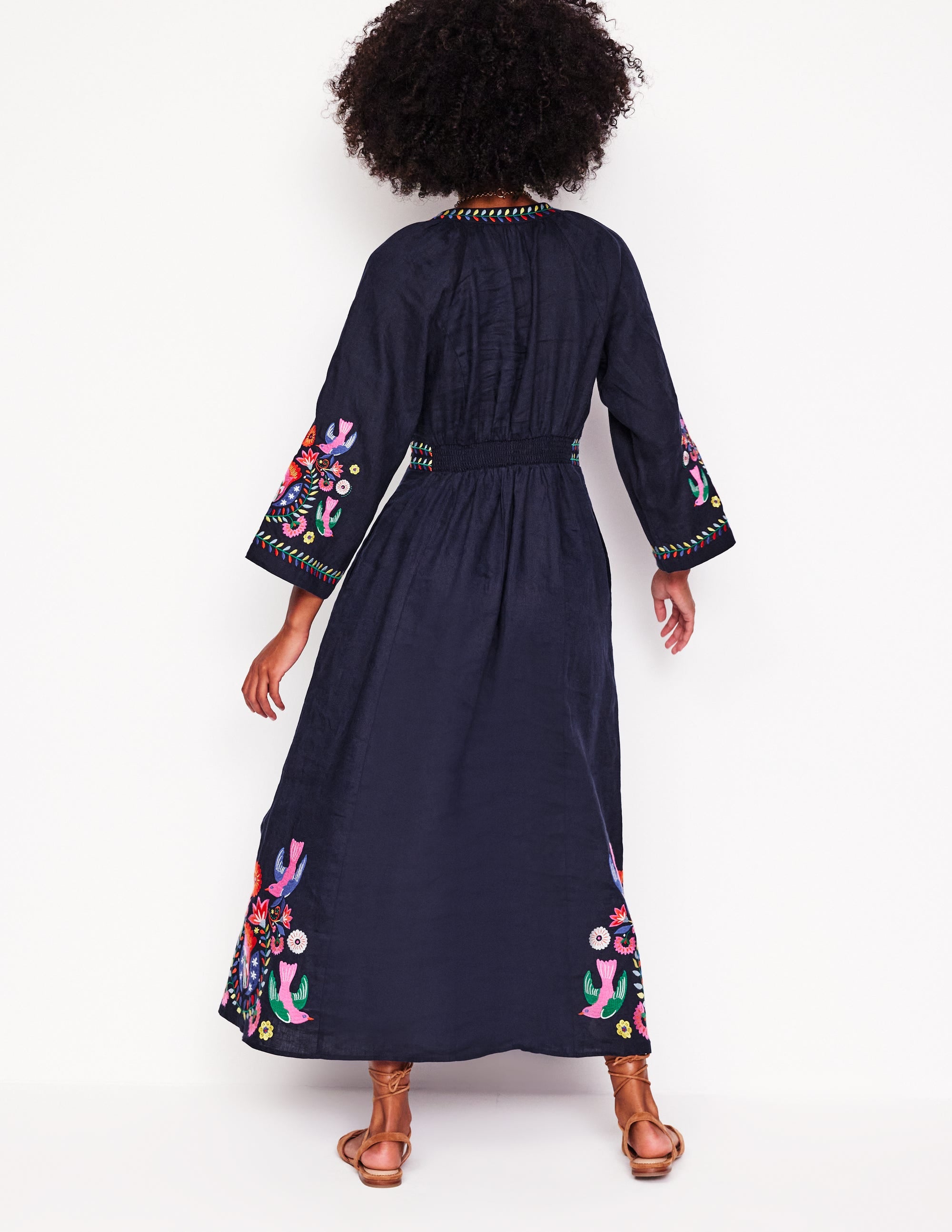 Una Linen Midi Dress-Navy, Multi Embroidery - Image 2