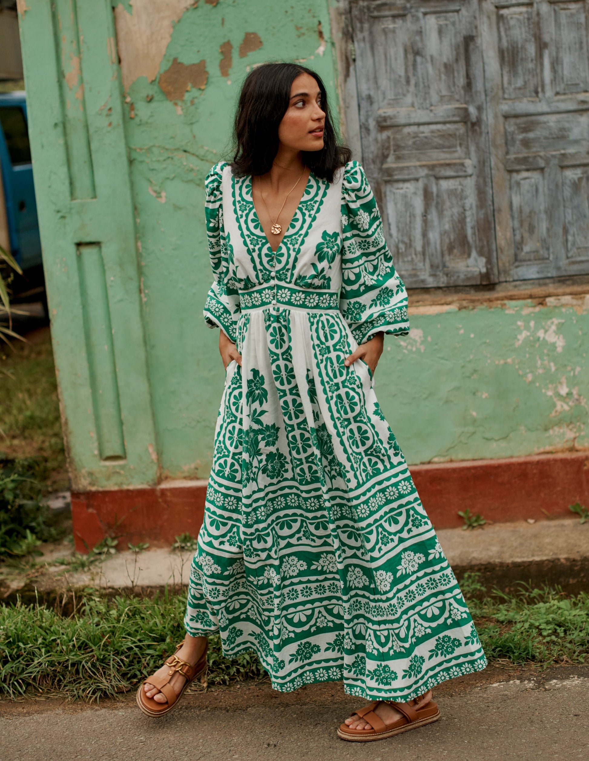 Lola Blouson Maxi Dress-Rich Emerald, Ornate Tropics | Boden UK Lola Blouson Maxi Dress-Rich Emerald, Ornate Tropics | Boden UK