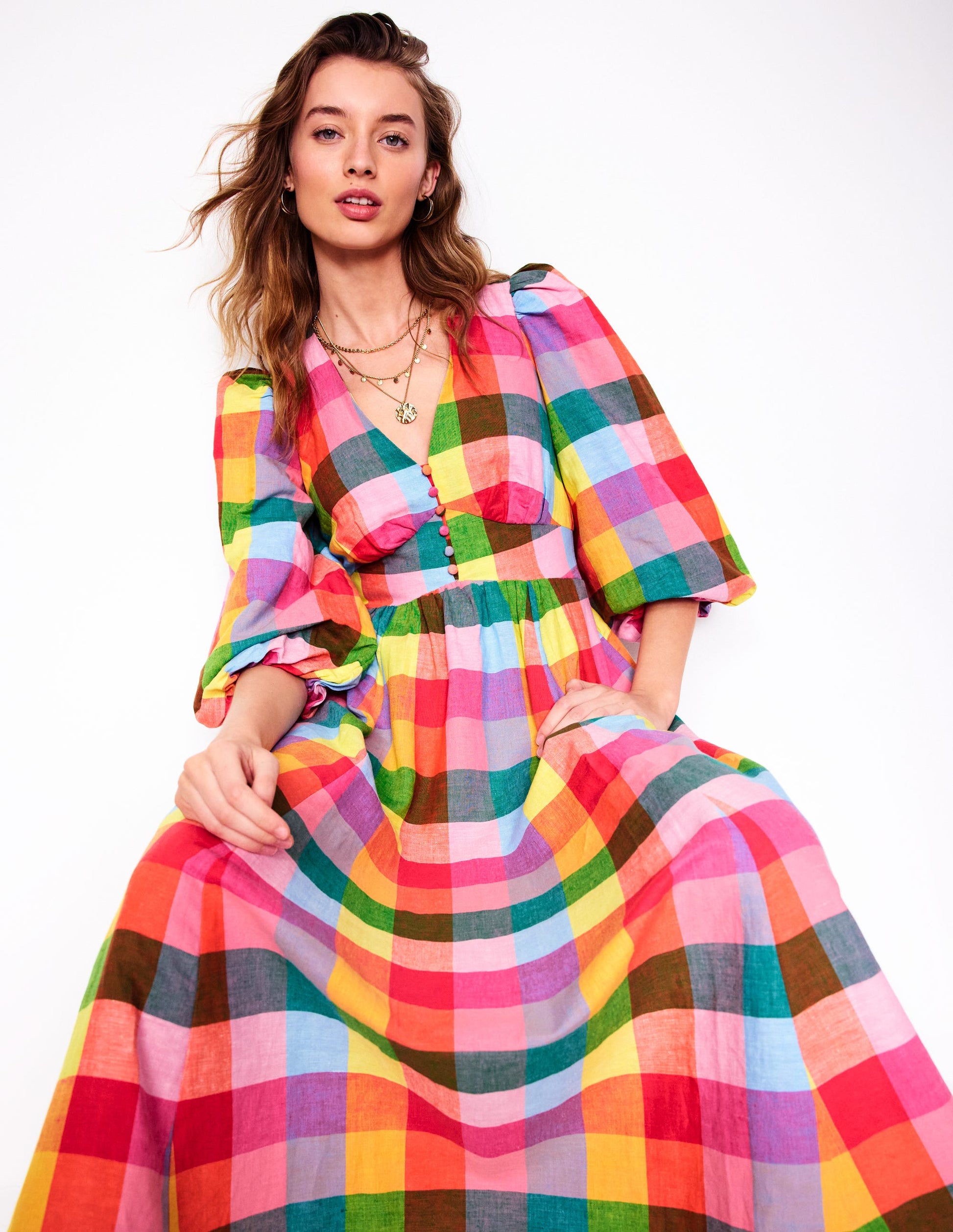 Lola Blouson Maxi Dress-Rainbow Multigingham | Boden UK Lola Blouson Maxi Dress-Rainbow Multigingham | Boden UK