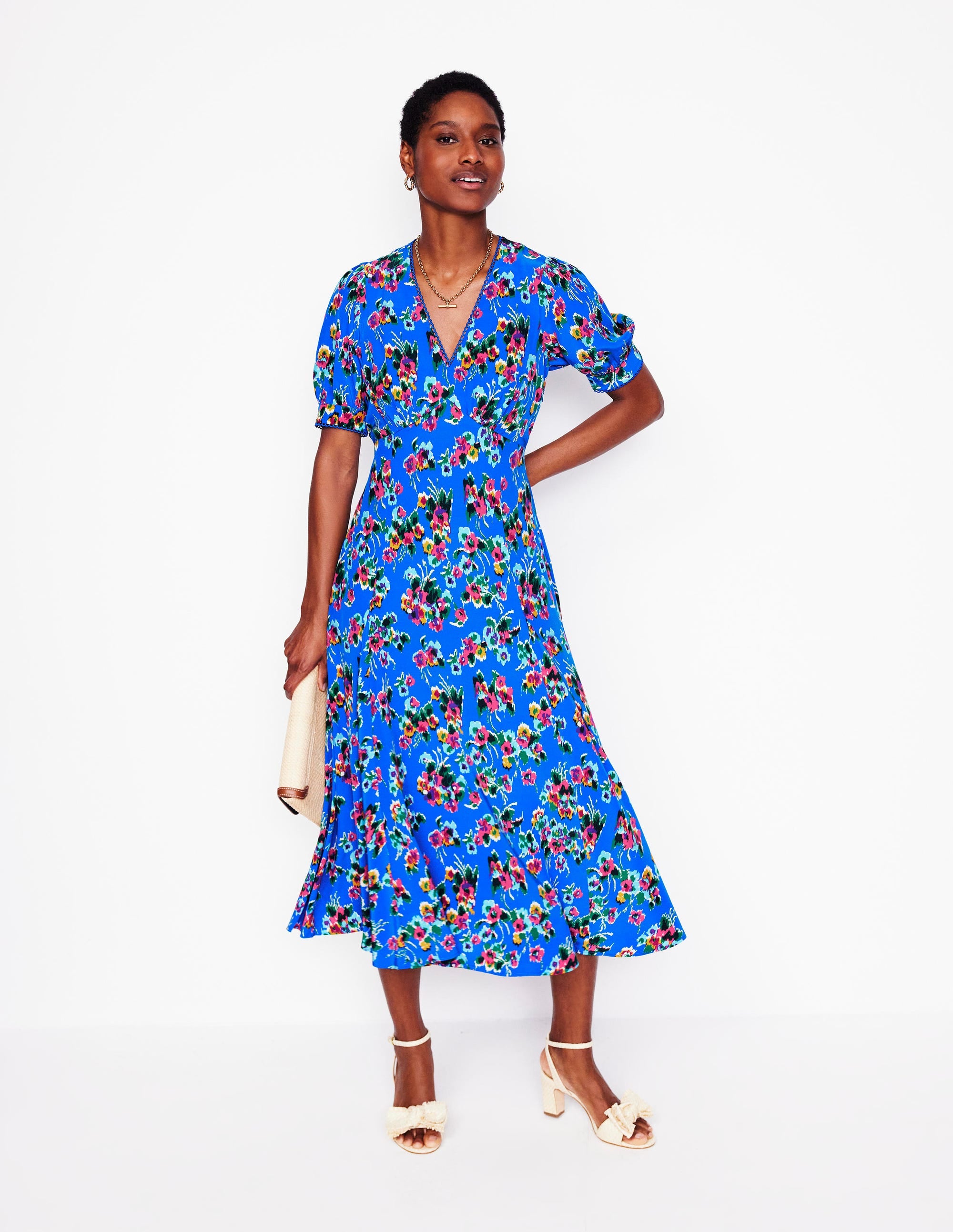 Rosie Godet Tea Dress-Gallery Blue, Abstract Posy - Image 4