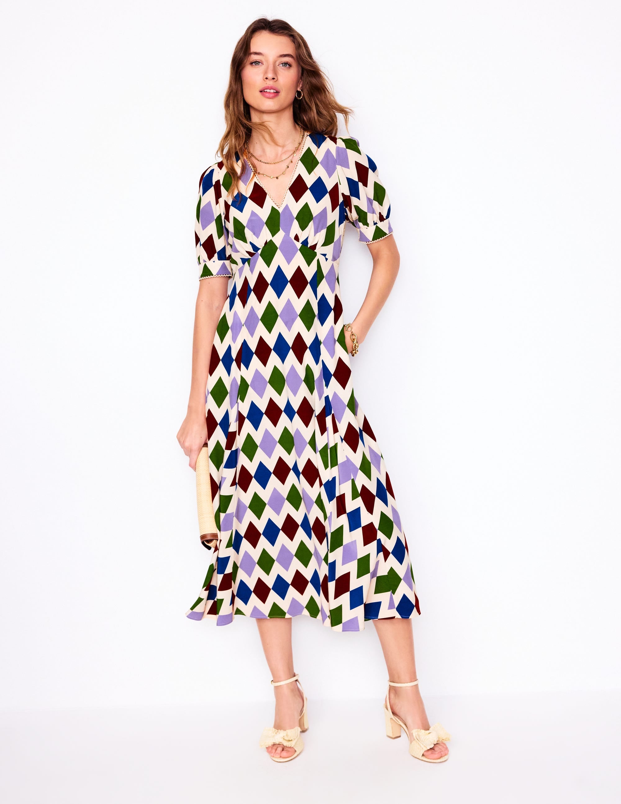 Rosie Godet Tea Dress-Multi, Diamond Stripe - Image 1