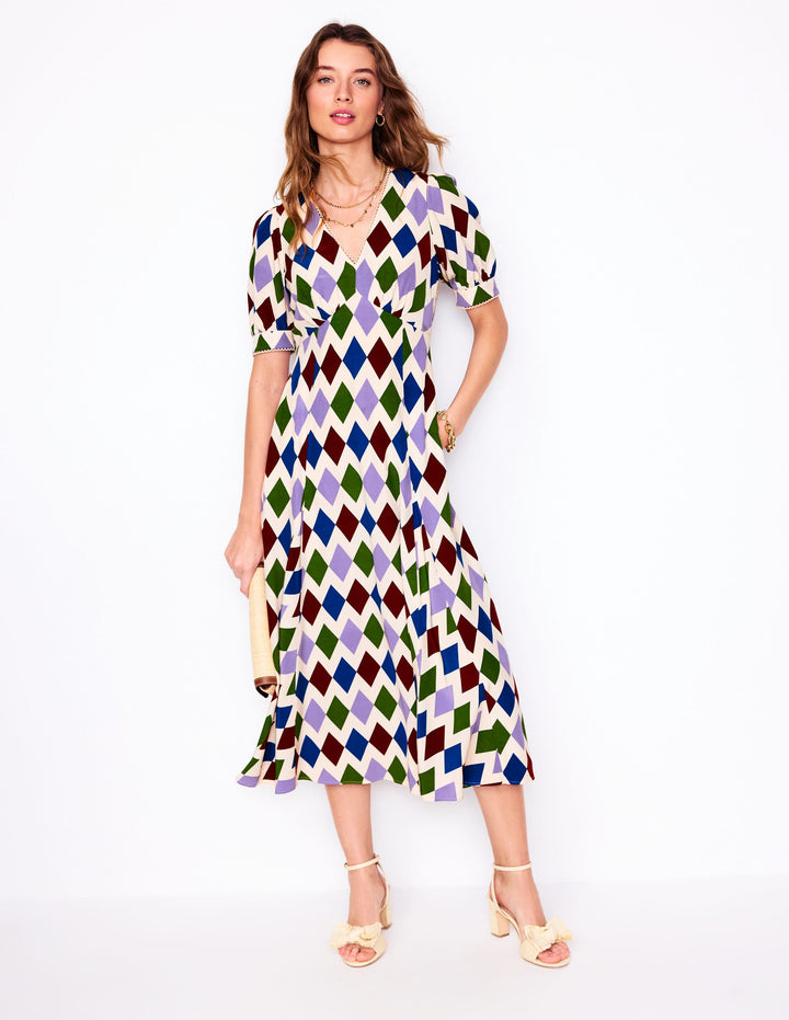 Rosie Godet Tea Dress-Multi, Diamond Stripe