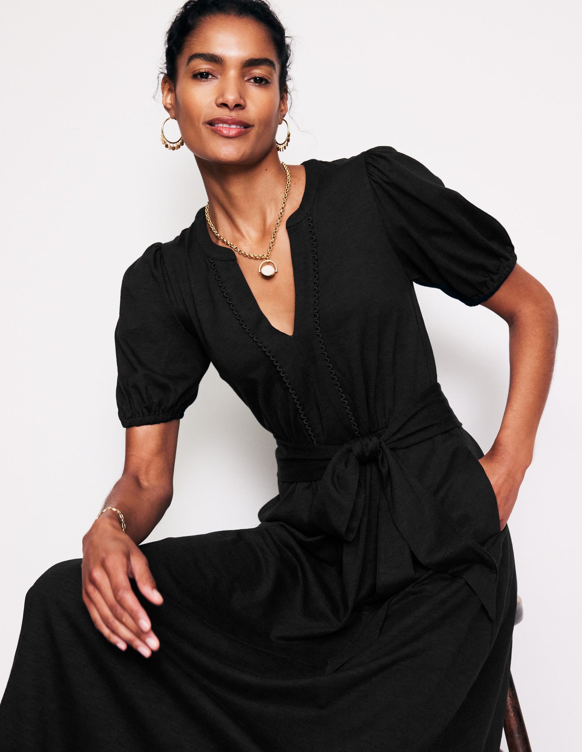 Sofia Trim Jersey Midi Dress-Black | Boden UK Sofia Trim Jersey Midi Dress-Black | Boden UK