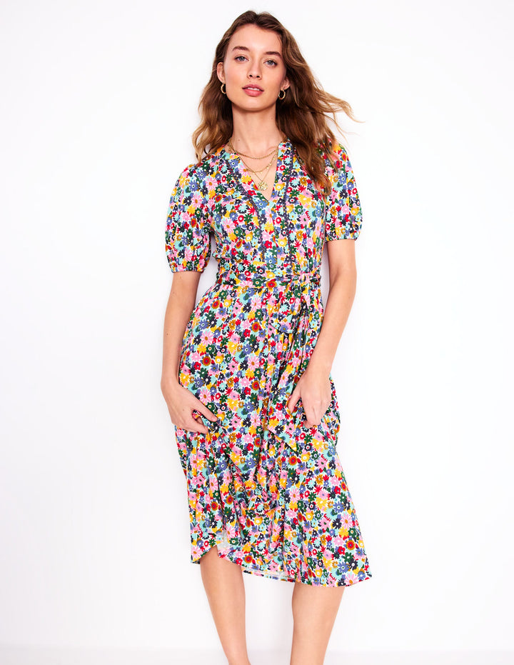 Sofia Trim Jersey Midi Dress-Multi, Paintbox Ditsy