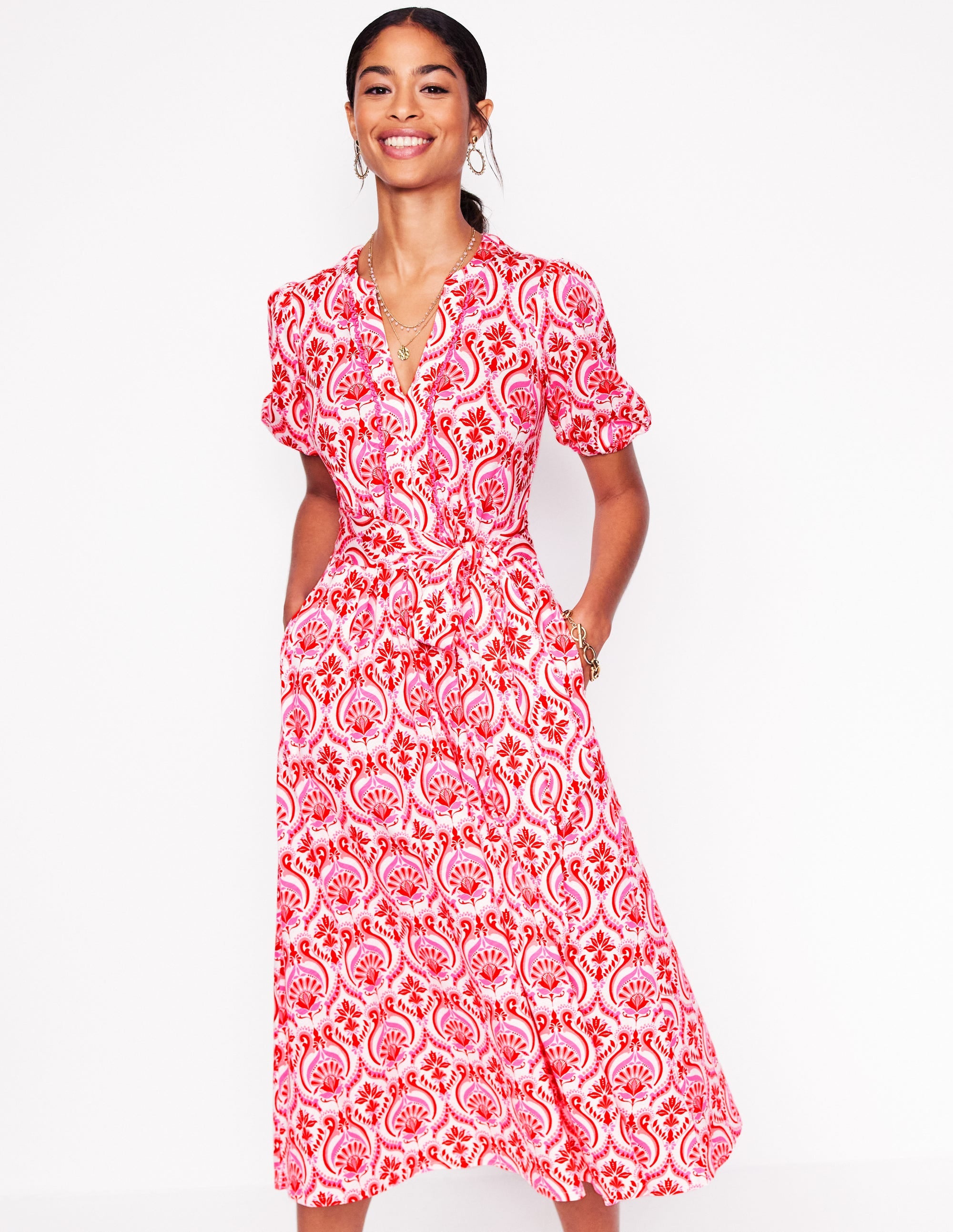 Sofia Trim Jersey Midi Dress-Poppy Red, Ornamental Floral - Image 1