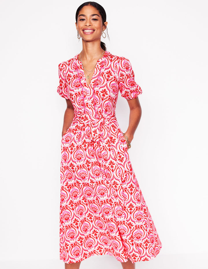 Sofia Trim Jersey Midi Dress-Poppy Red, Ornamental Floral