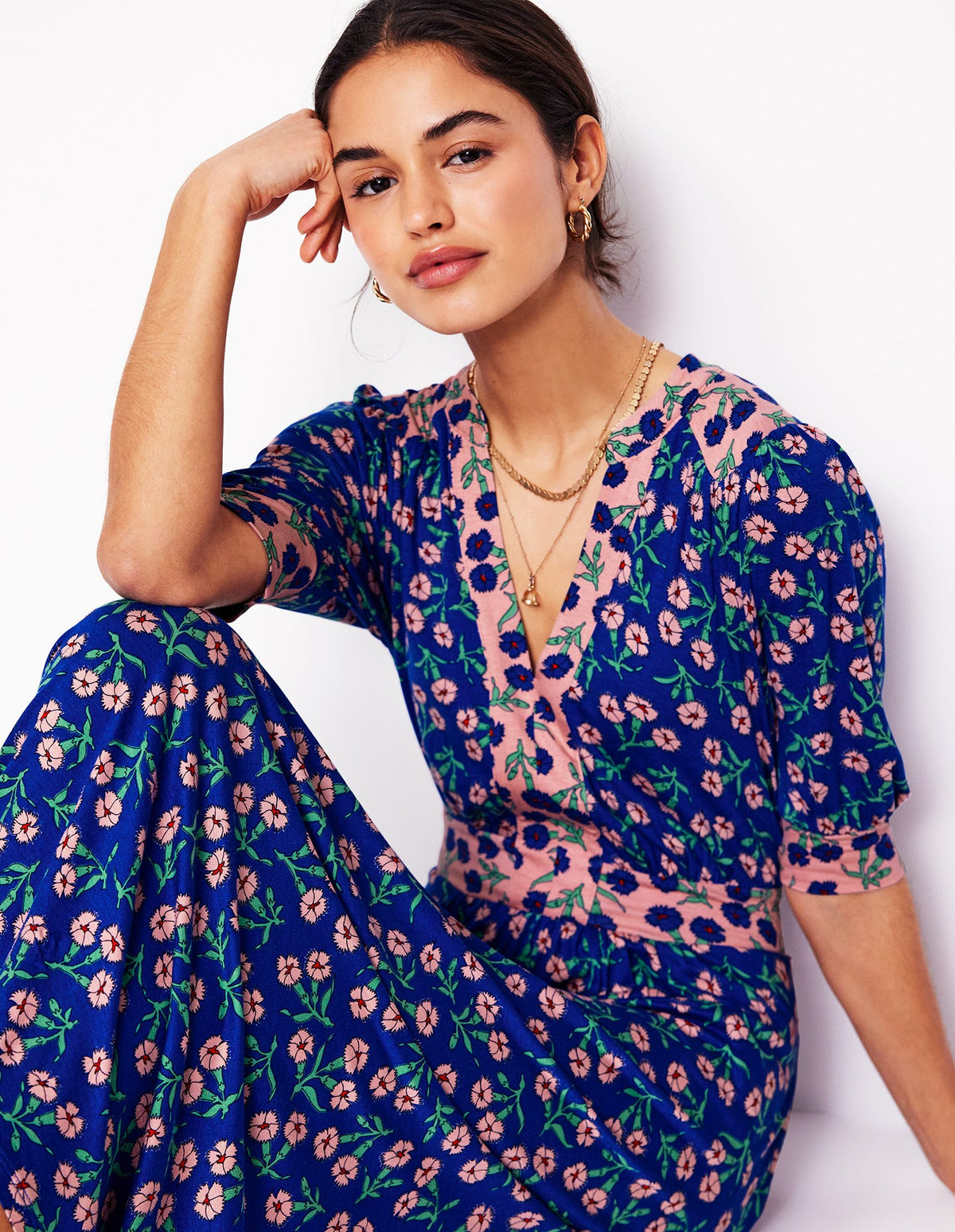 Lily Jersey Midi Tea Dress-Bright Blue, Carnation Sprig - Image 1