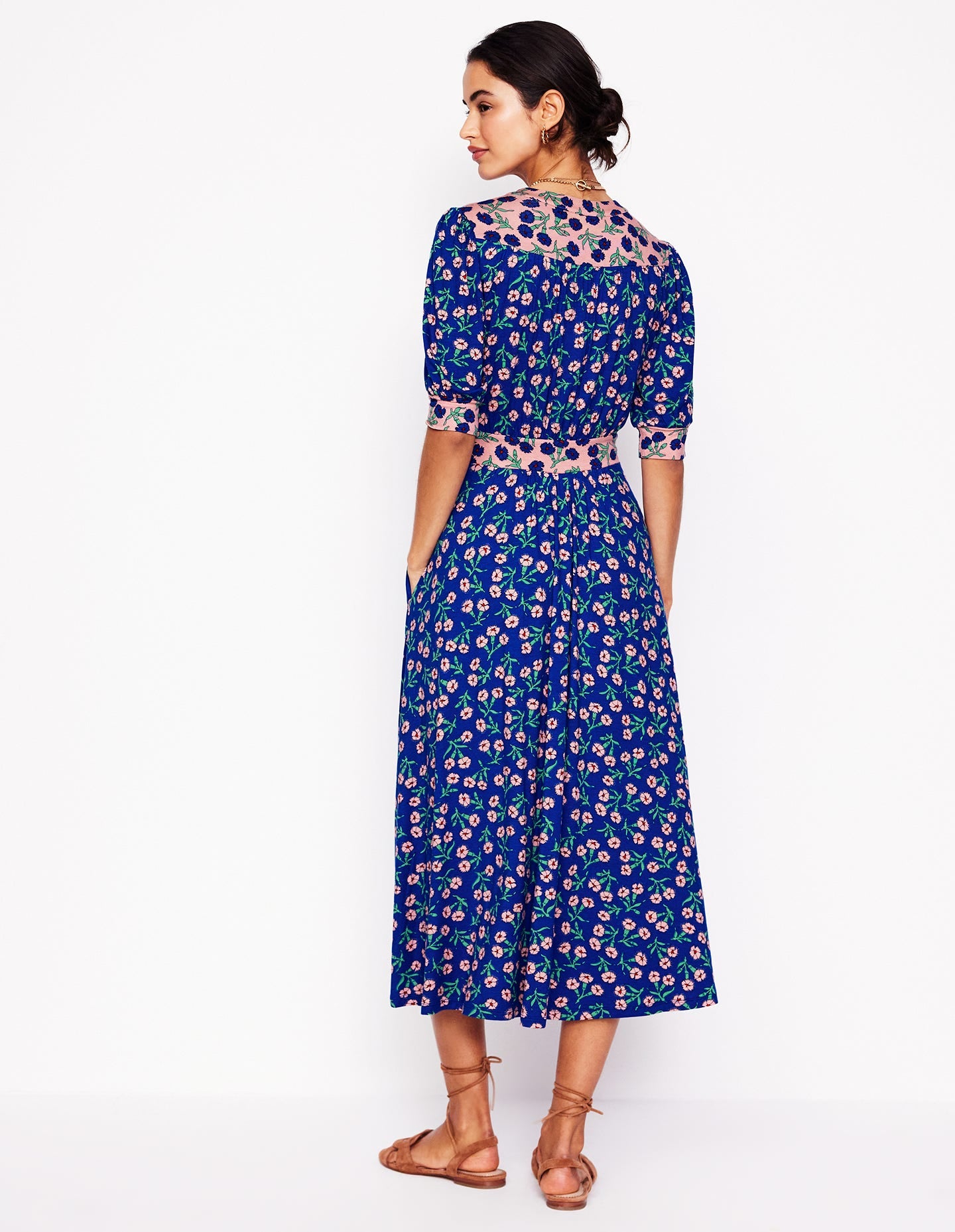 Lily Jersey Midi Tea Dress-Bright Blue, Carnation Sprig - Image 3