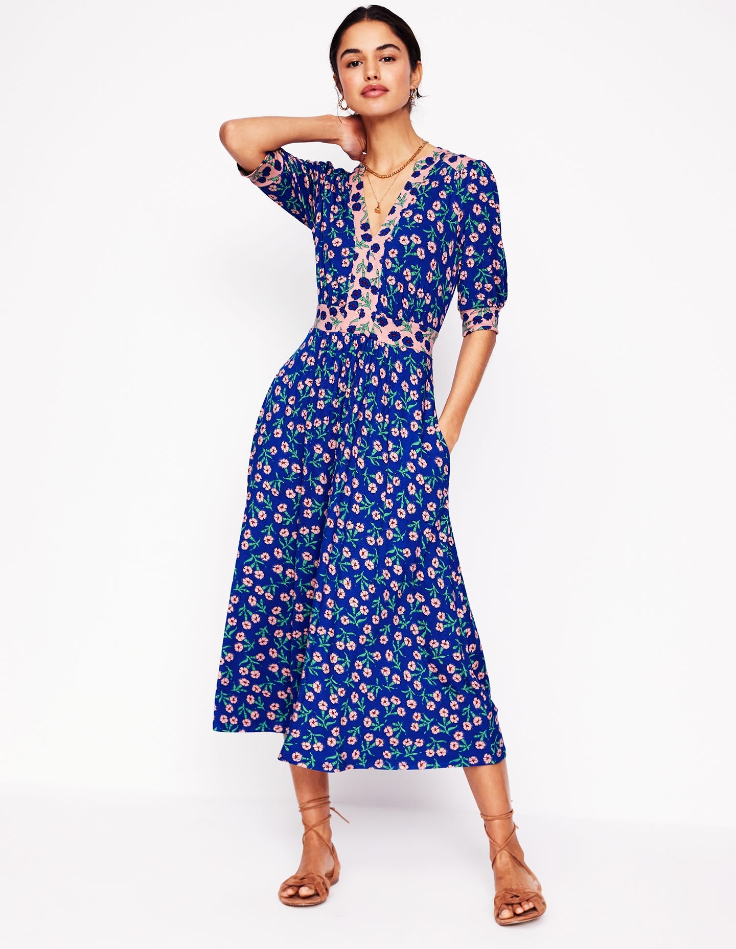 Lily Jersey Midi Tea Dress-Bright Blue, Carnation Sprig - Image 4