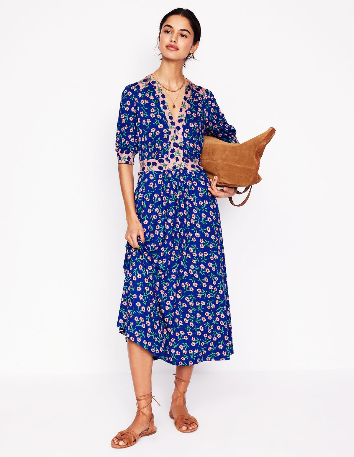 Lily Jersey Midi Tea Dress-Bright Blue, Carnation Sprig - Image 5