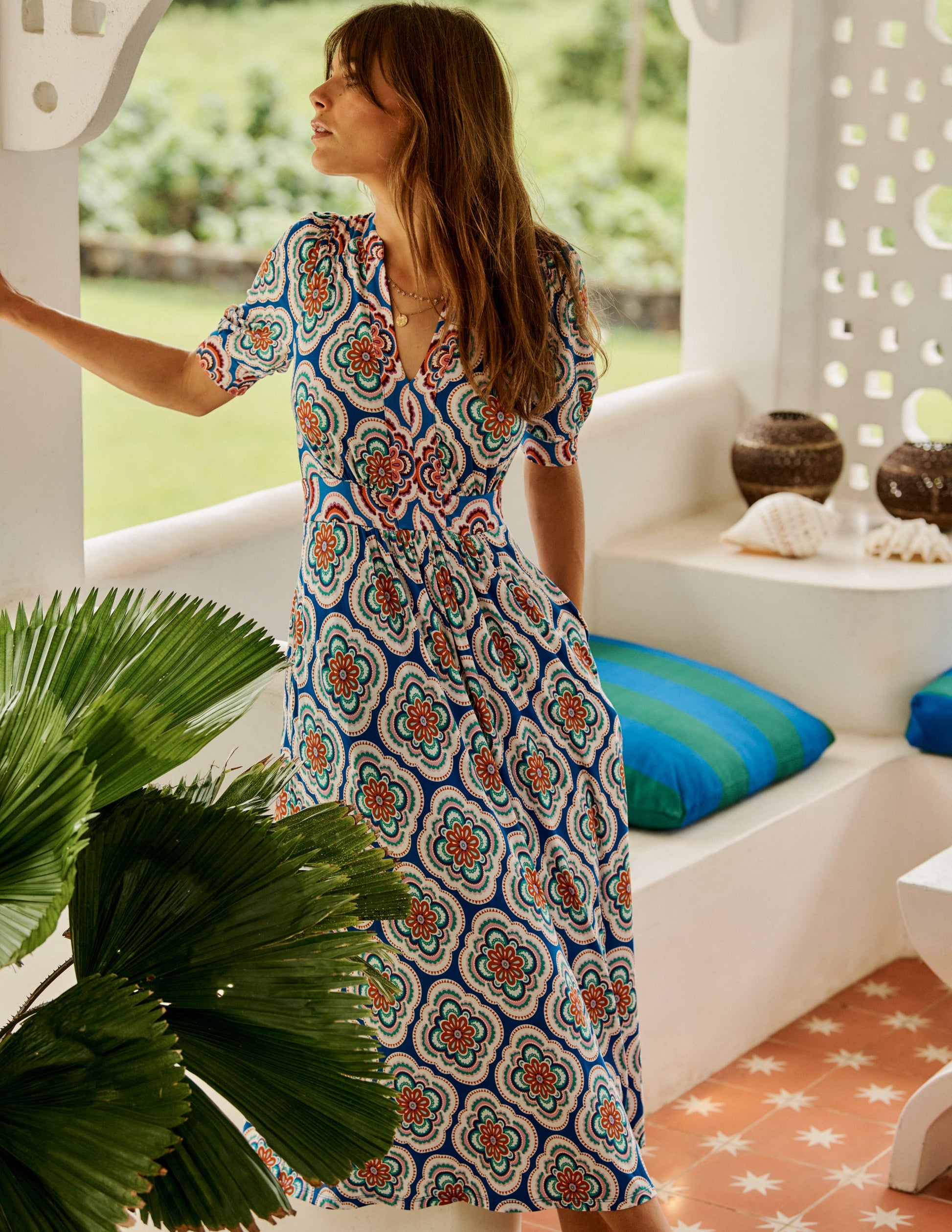 Lily Jersey Midi Tea Dress-Bright Blue, Botanic Blush | Boden UK Lily Jersey Midi Tea Dress-Bright Blue, Botanic Blush | Boden UK