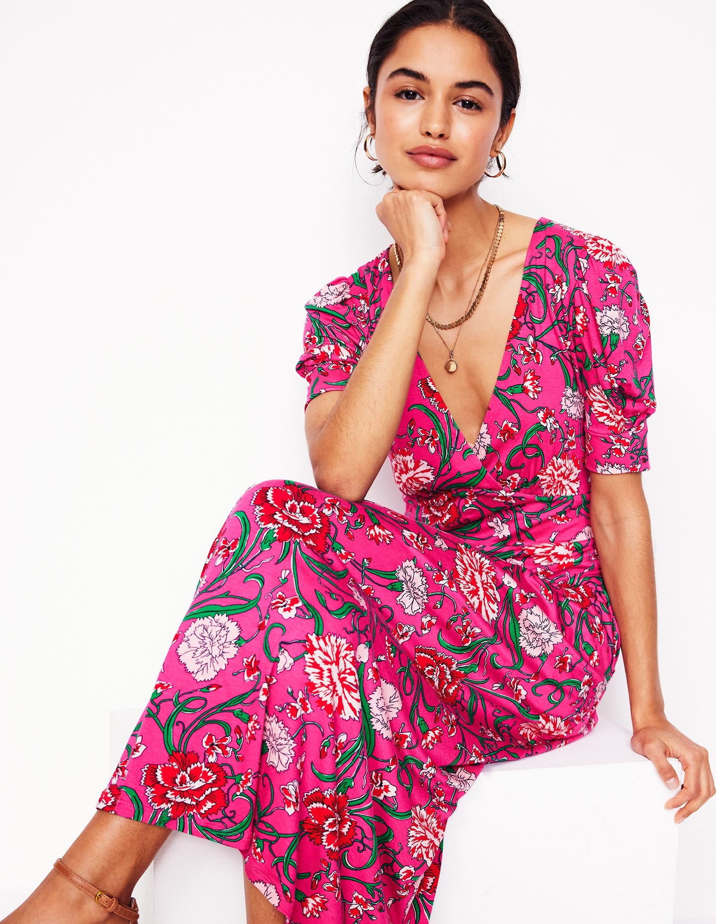 Kristen Pleated Jersey Dress-Pink Yarrow, Carnation Vine - Image 1