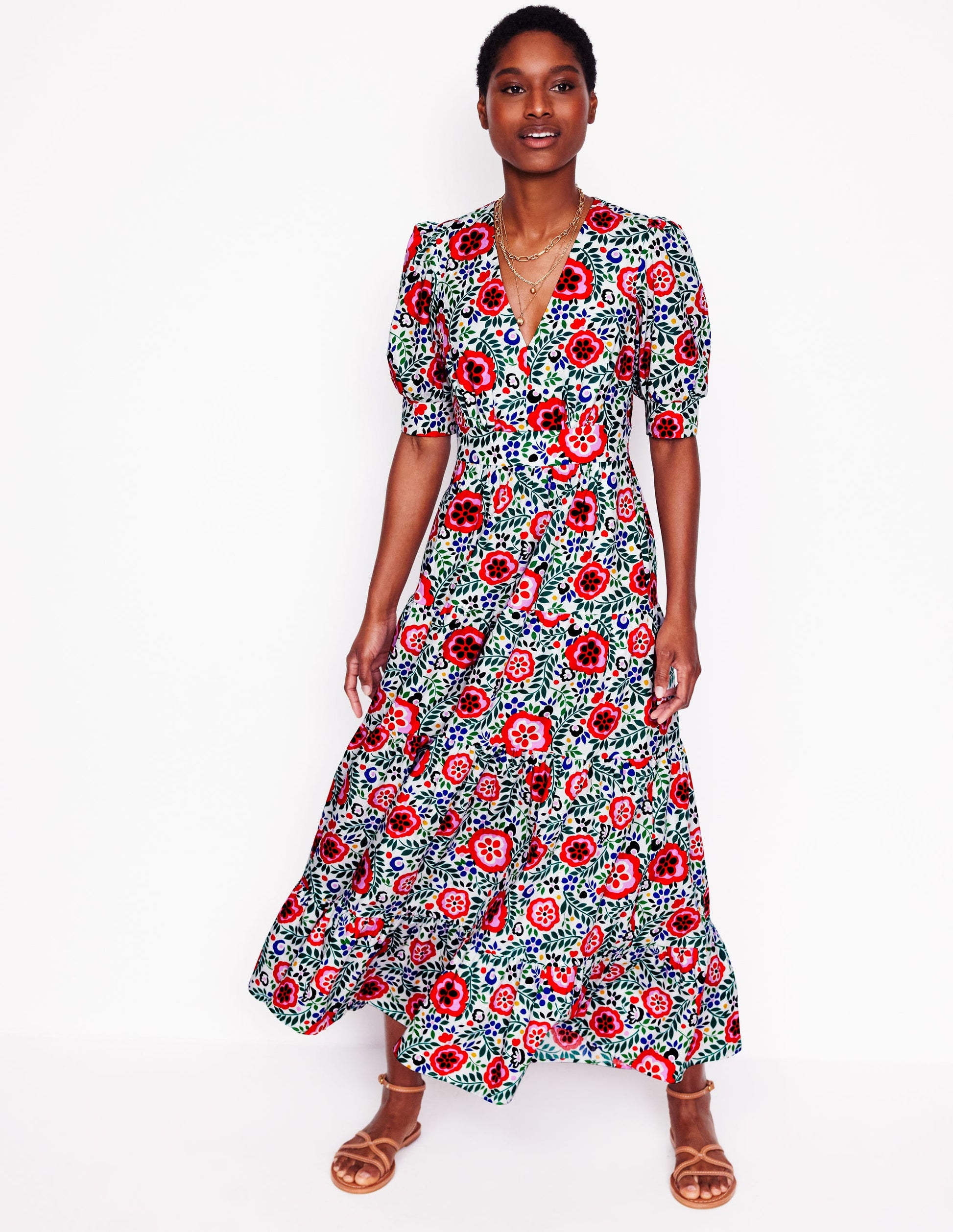 Bella Puff Sleeve Maxi Dress-Multi, Foliage Scatter Boden UK