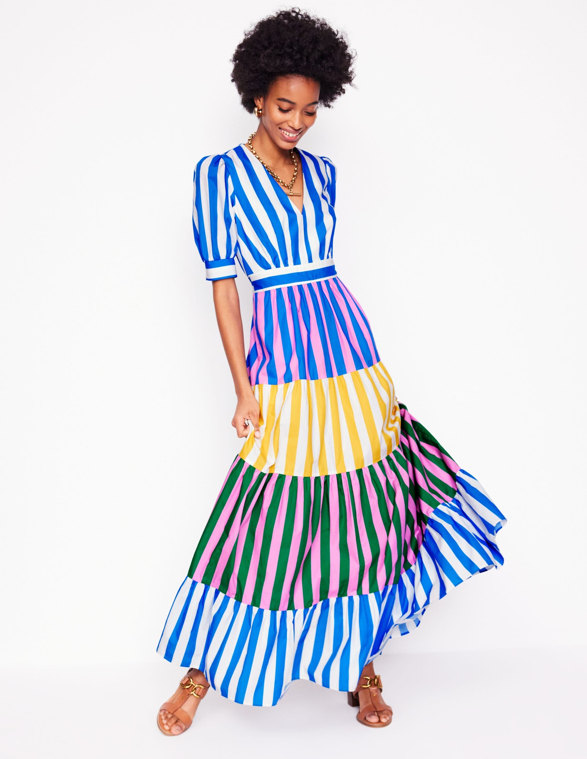 Bella Puff Sleeve Maxi Dress-Kingfisher Blue Stripe - Image 5