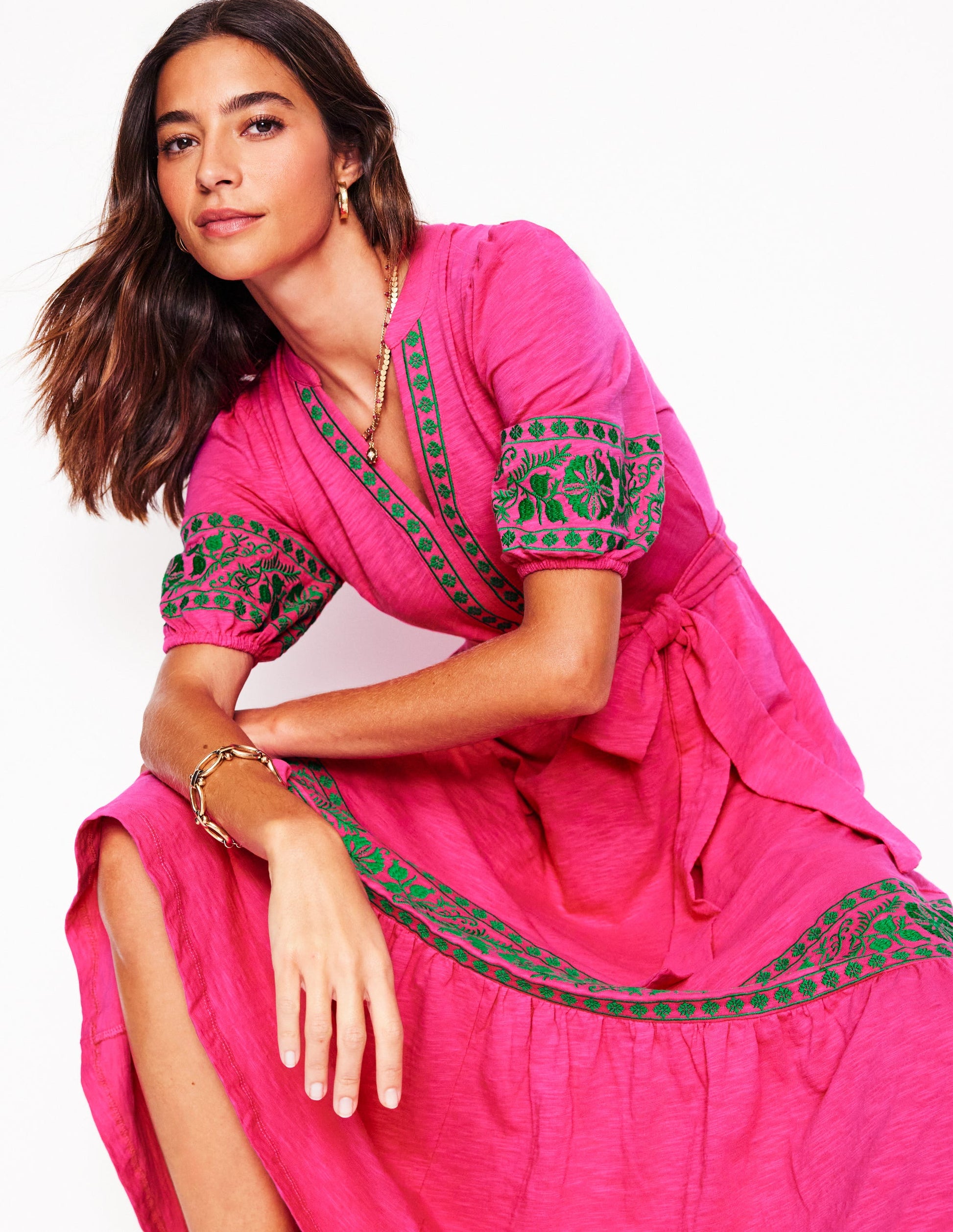 Amara Embroidered Jersey Dress-Pink Peony | Boden UK Amara Embroidered Jersey Dress-Pink Peony | Boden UK