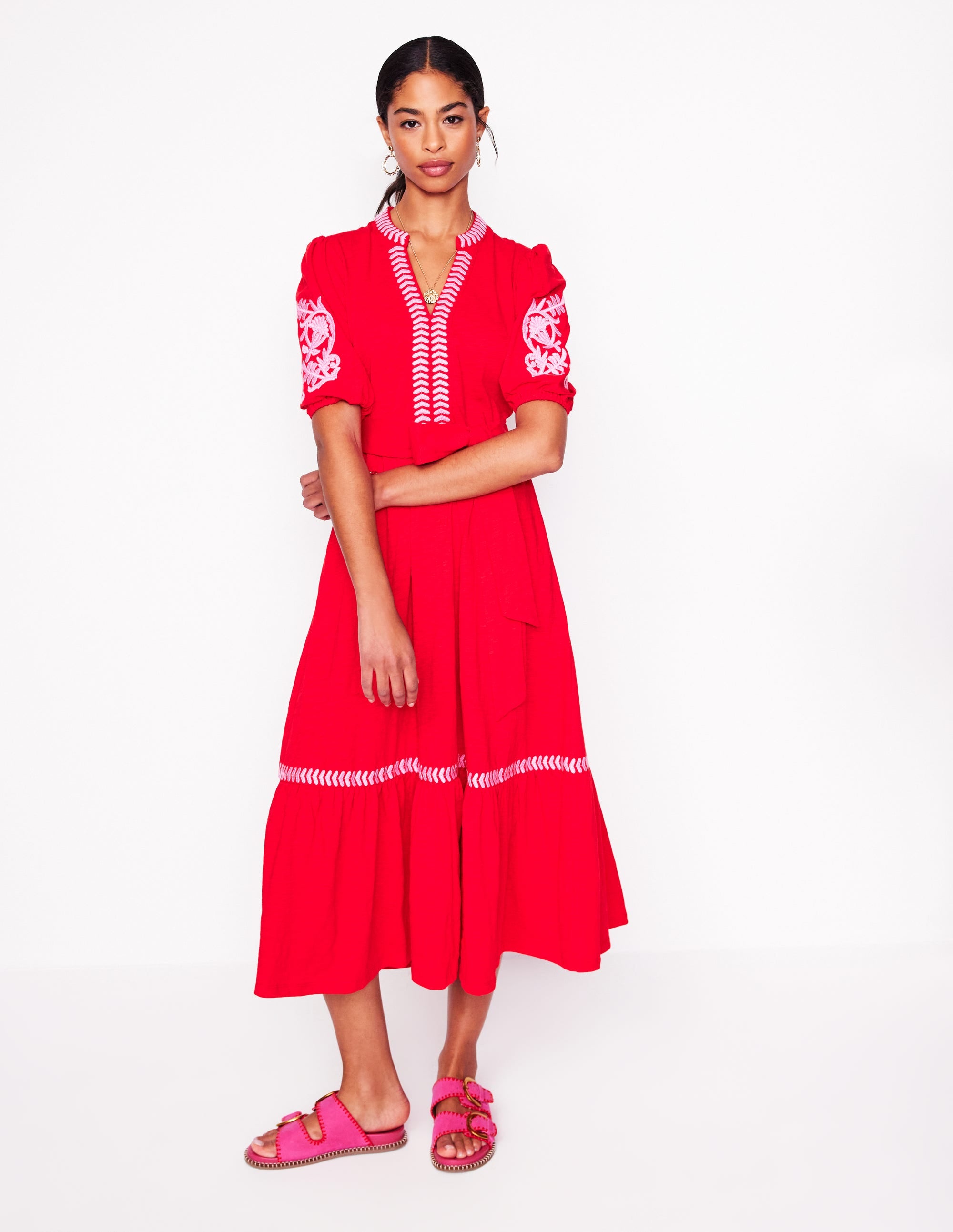 Amara Embroidered Jersey Dress-Poppy Red, Pink Peony - Image 1