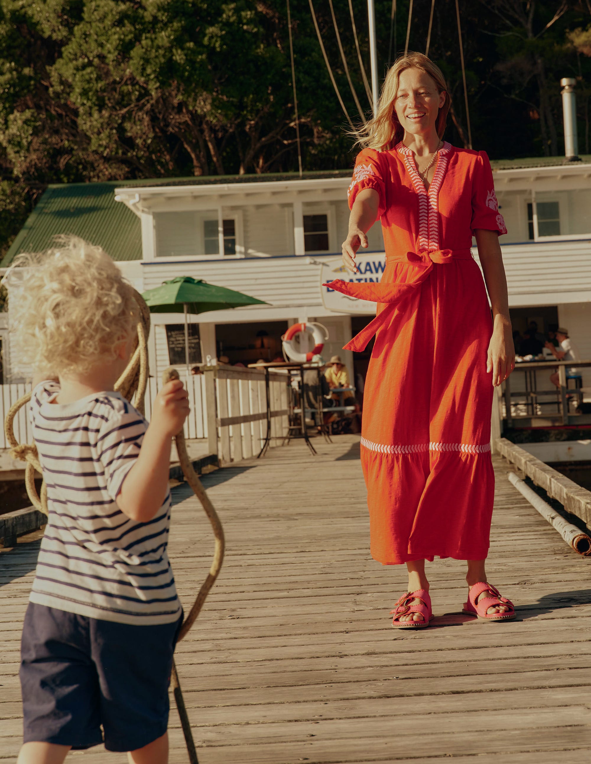 Amara Embroidered Jersey Dress-Poppy Red, Pink Peony - Image 2
