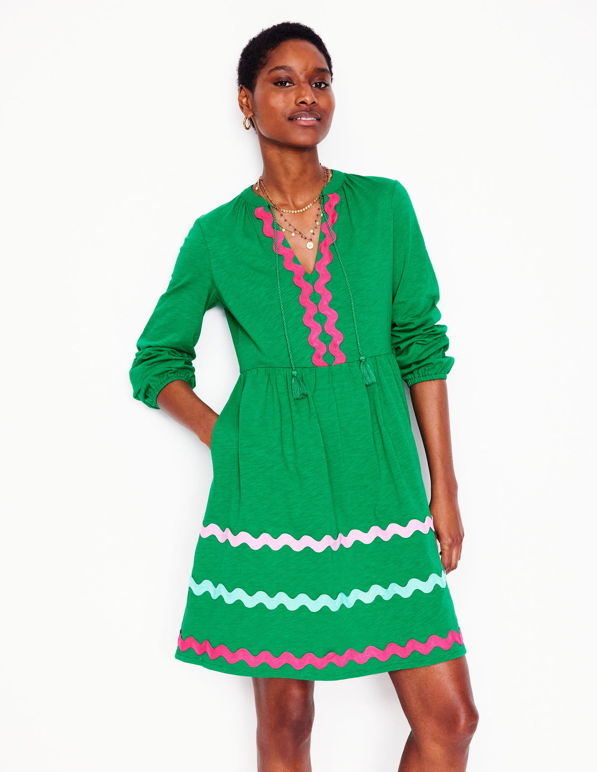 Corinna Ric Rac Jersey Dress-Rich Emerald - Image 1