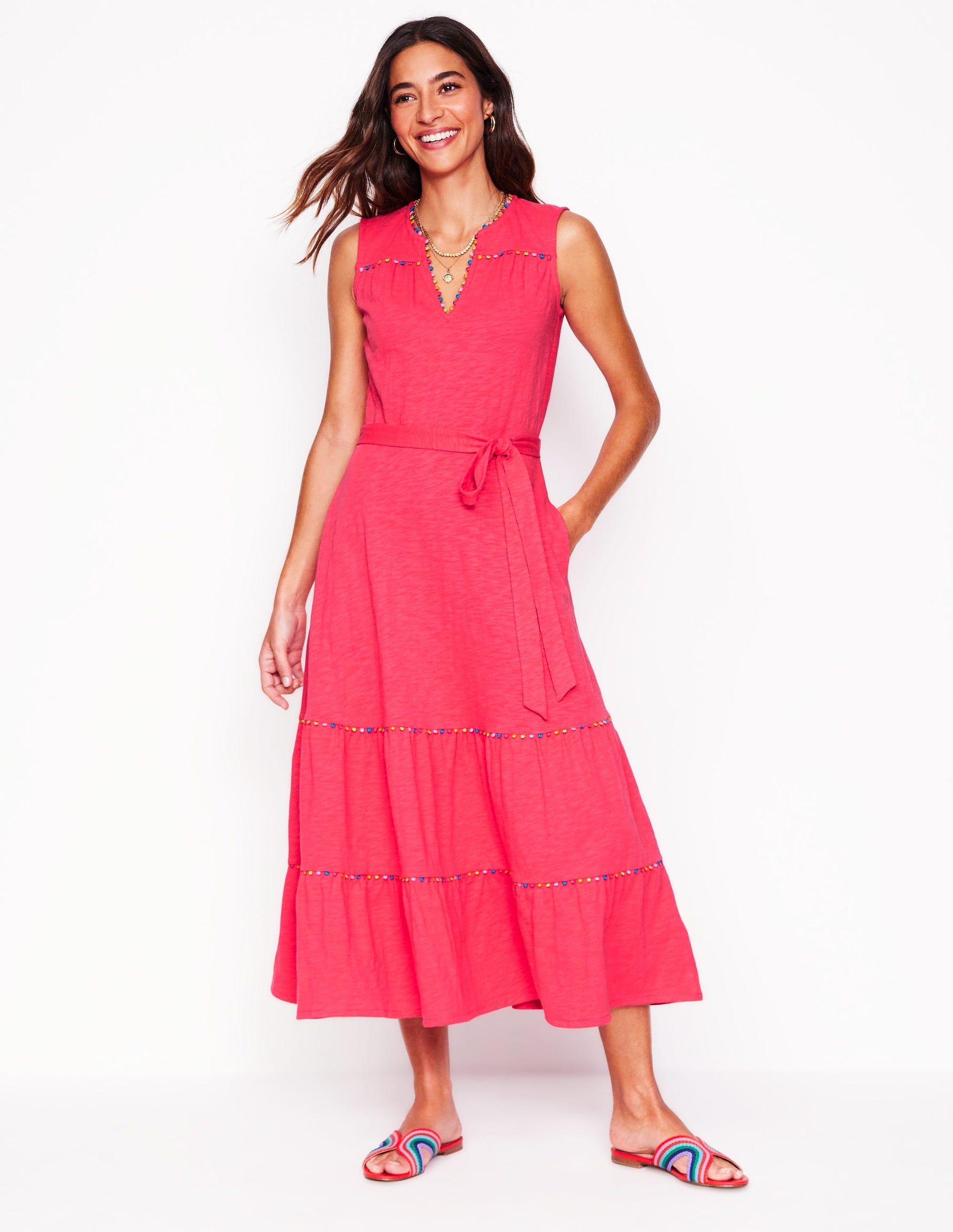Tara Trim Tiered Jersey Dress-Camelia Pink | Boden AU Tara Trim Tiered Jersey Dress-Camelia Pink | Boden AU