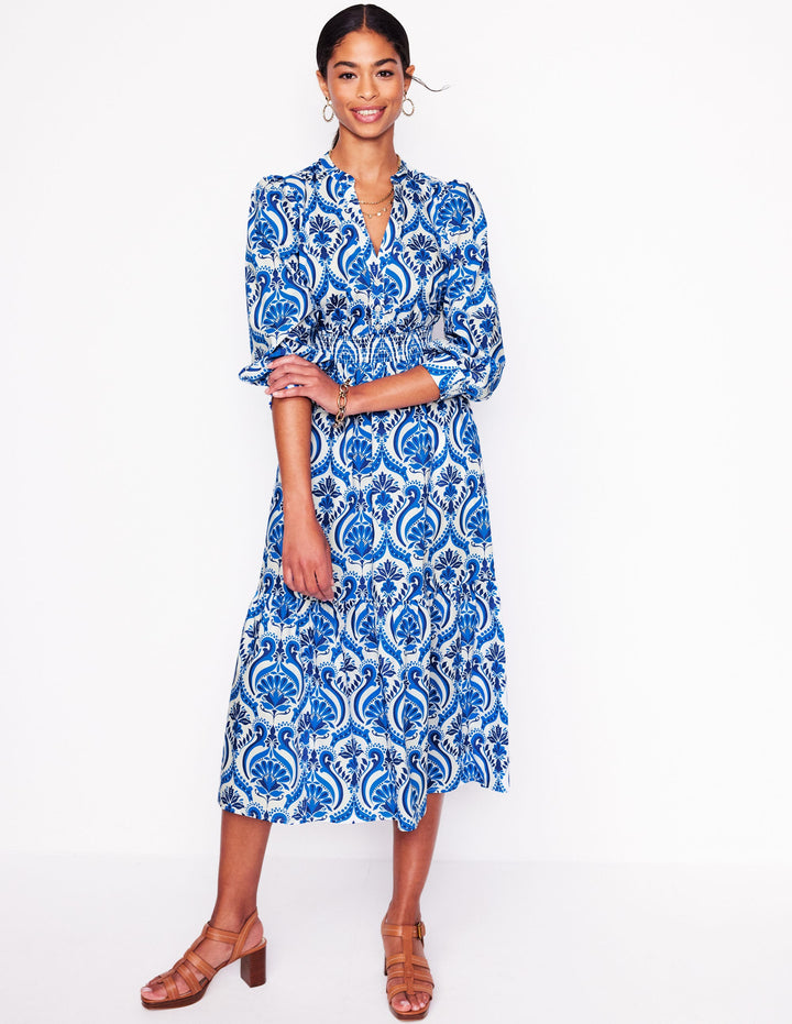 Elena Tiered Cotton Midi Dress-Blue, Ornamental Floral