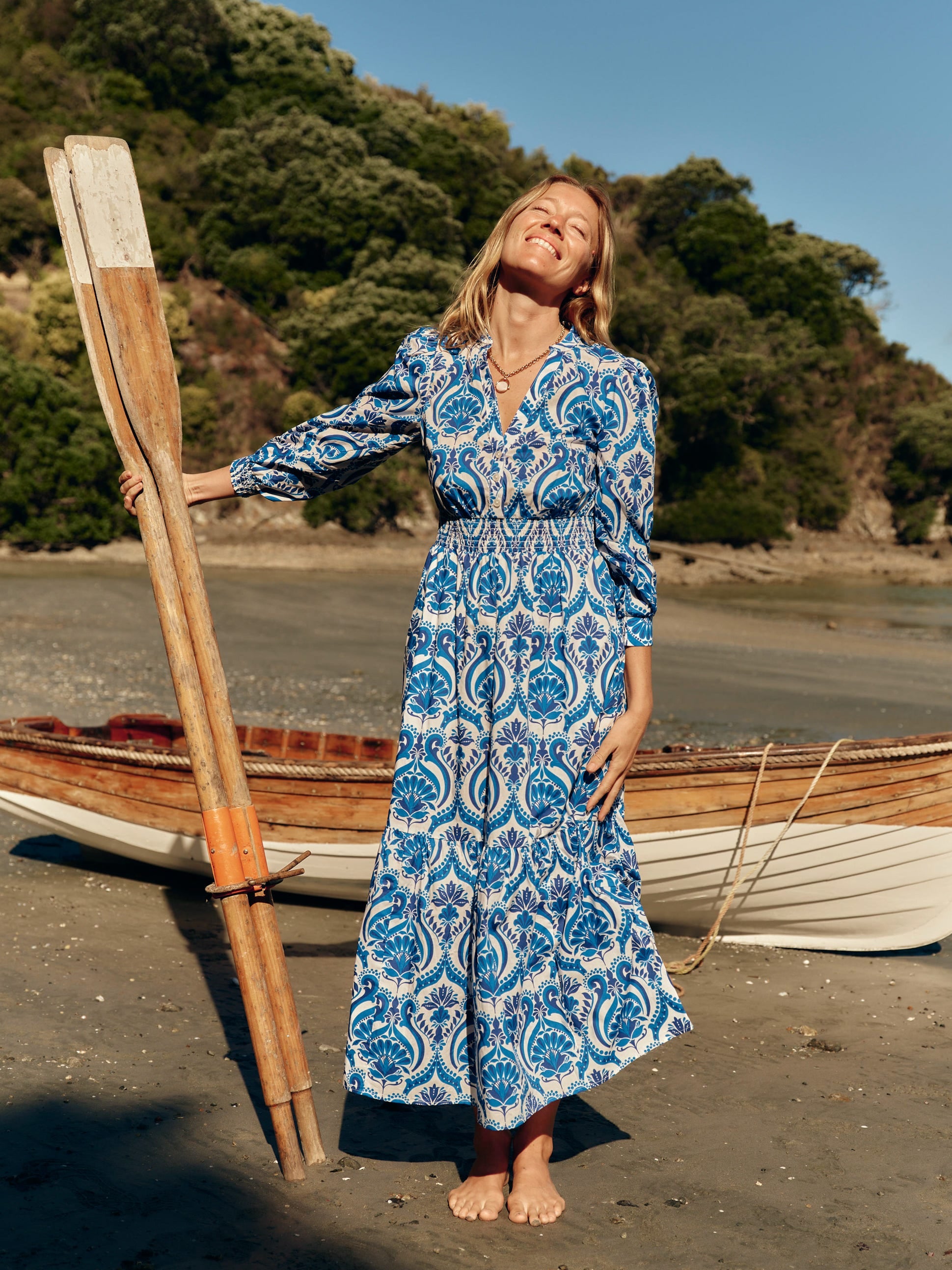 Elena Tiered Cotton Midi Dress-Blue, Ornamental Floral | Boden UK Elena Tiered Cotton Midi Dress-Blue, Ornamental Floral | Boden UK