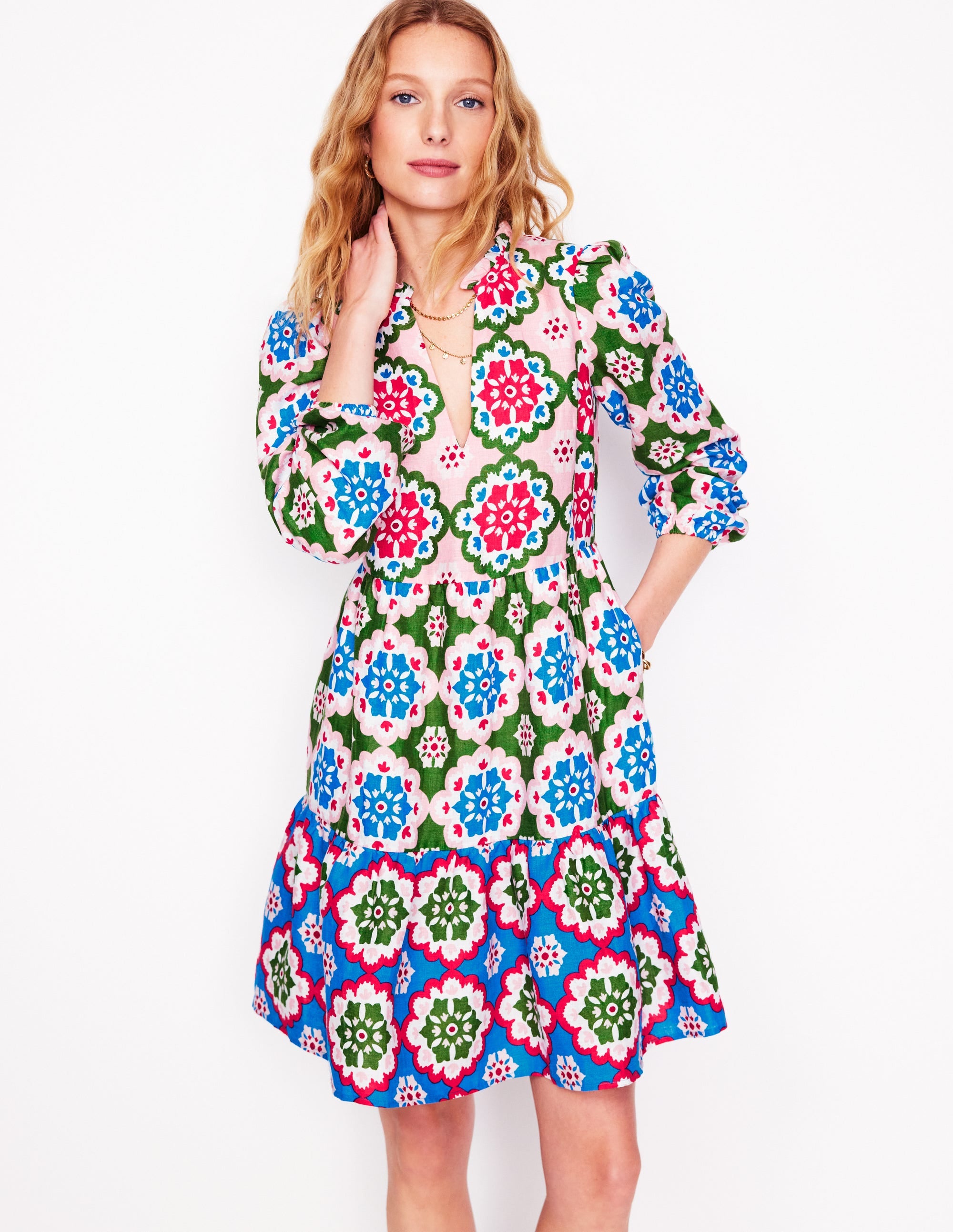 Esme Linen Mini Dress-Multi, Bloom Geo - Image 1