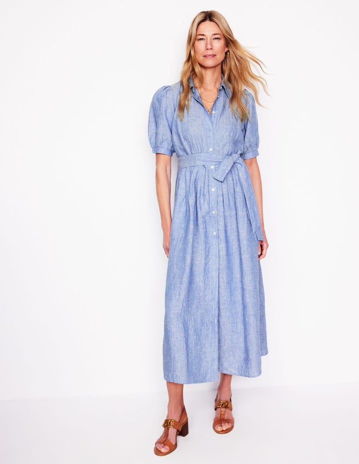 Alexa Linen Maxi Shirt Dress-Grey Blue Chambray