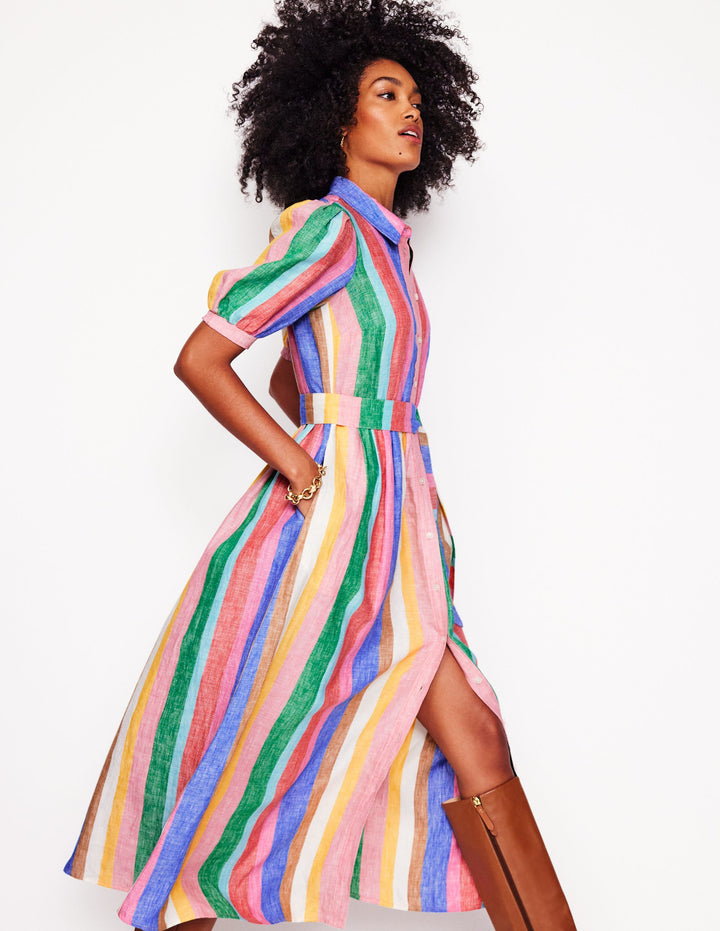 Alexa Linen Maxi Shirt Dress-Bright Rainbow Stripe
