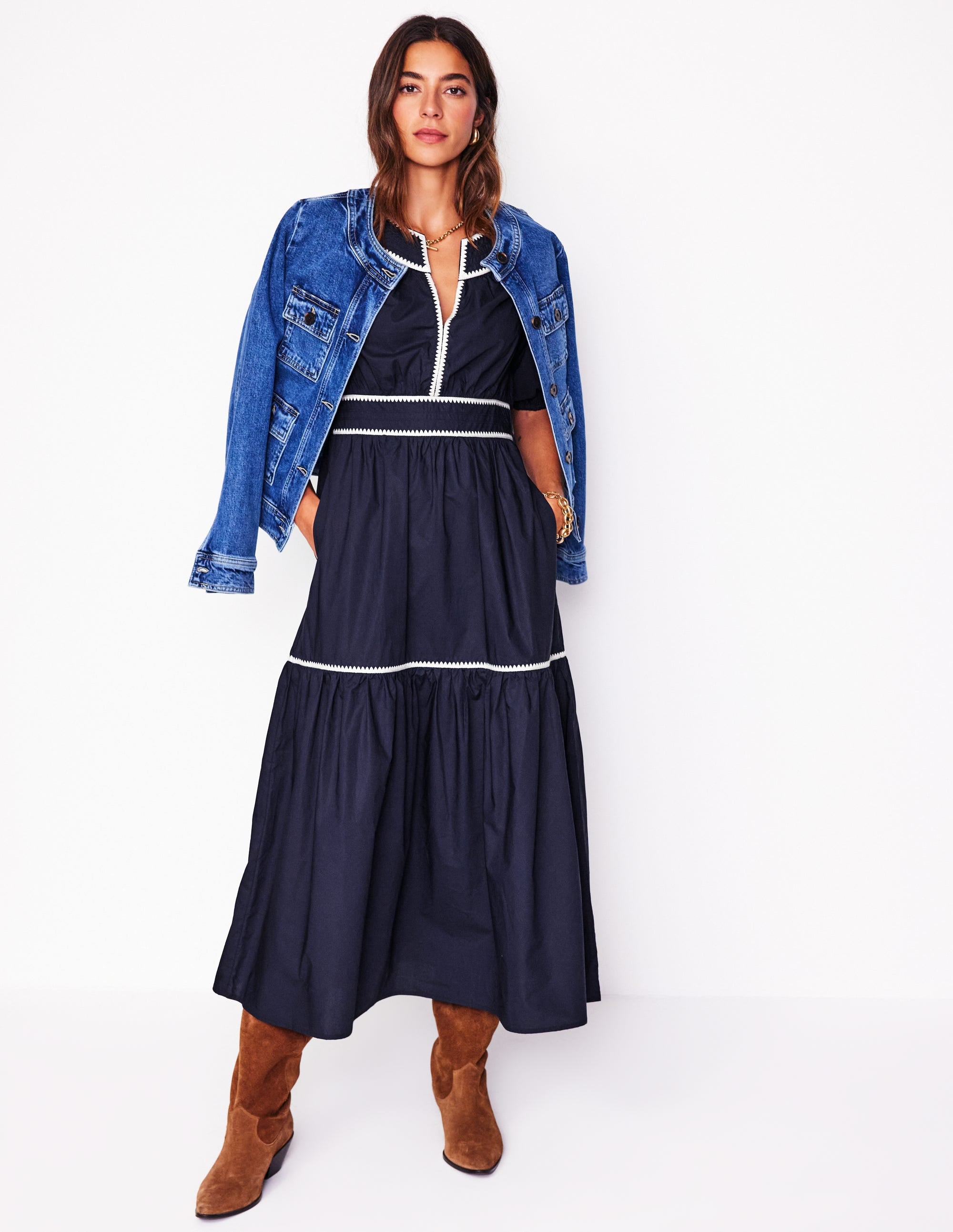 Rhea Embroidered Midi Dress-Navy - Image 1