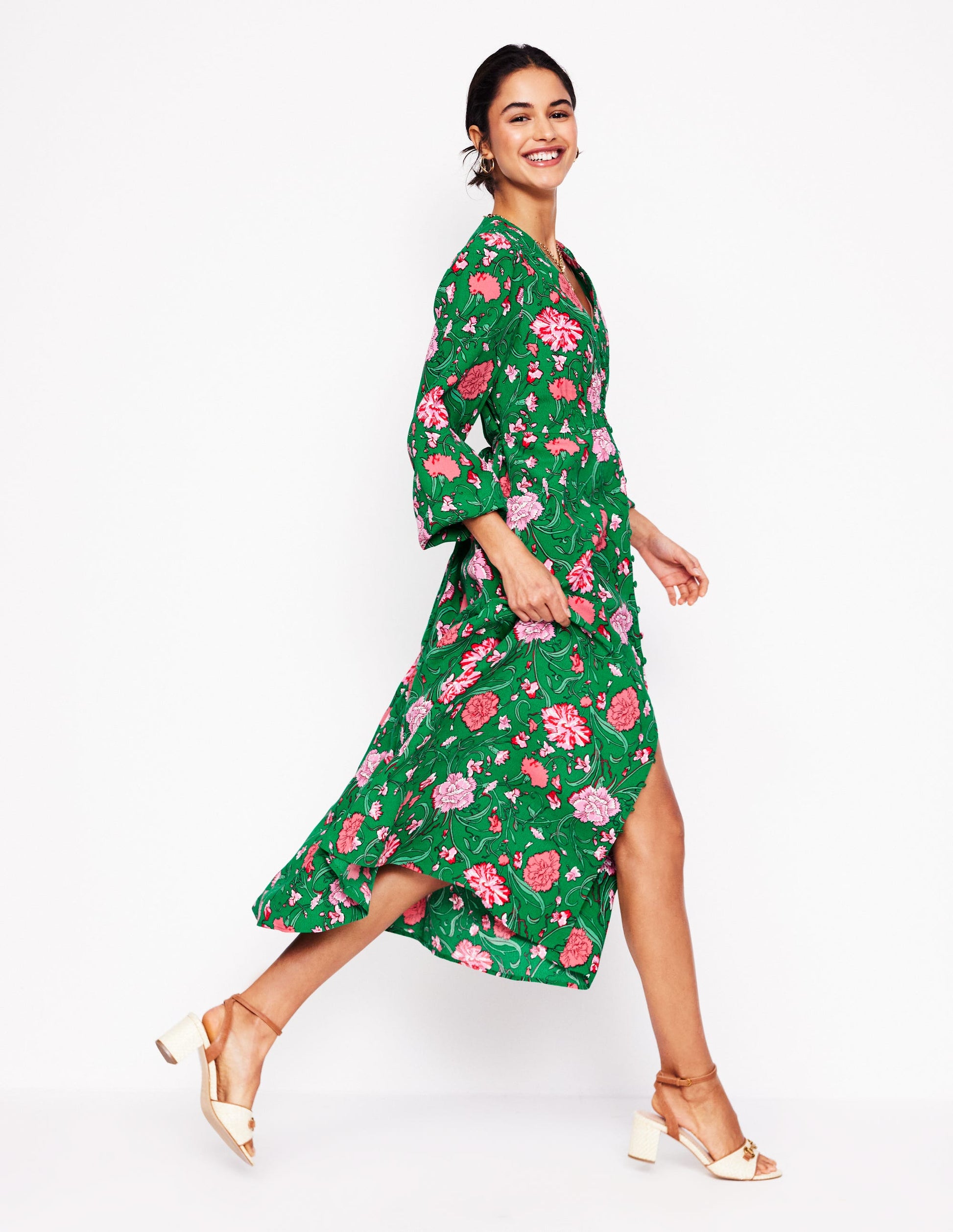 Cynthia Button Tea Dress-Rich Emerald, Carnation Vine | Boden UK Cynthia Button Tea Dress-Rich Emerald, Carnation Vine | Boden UK