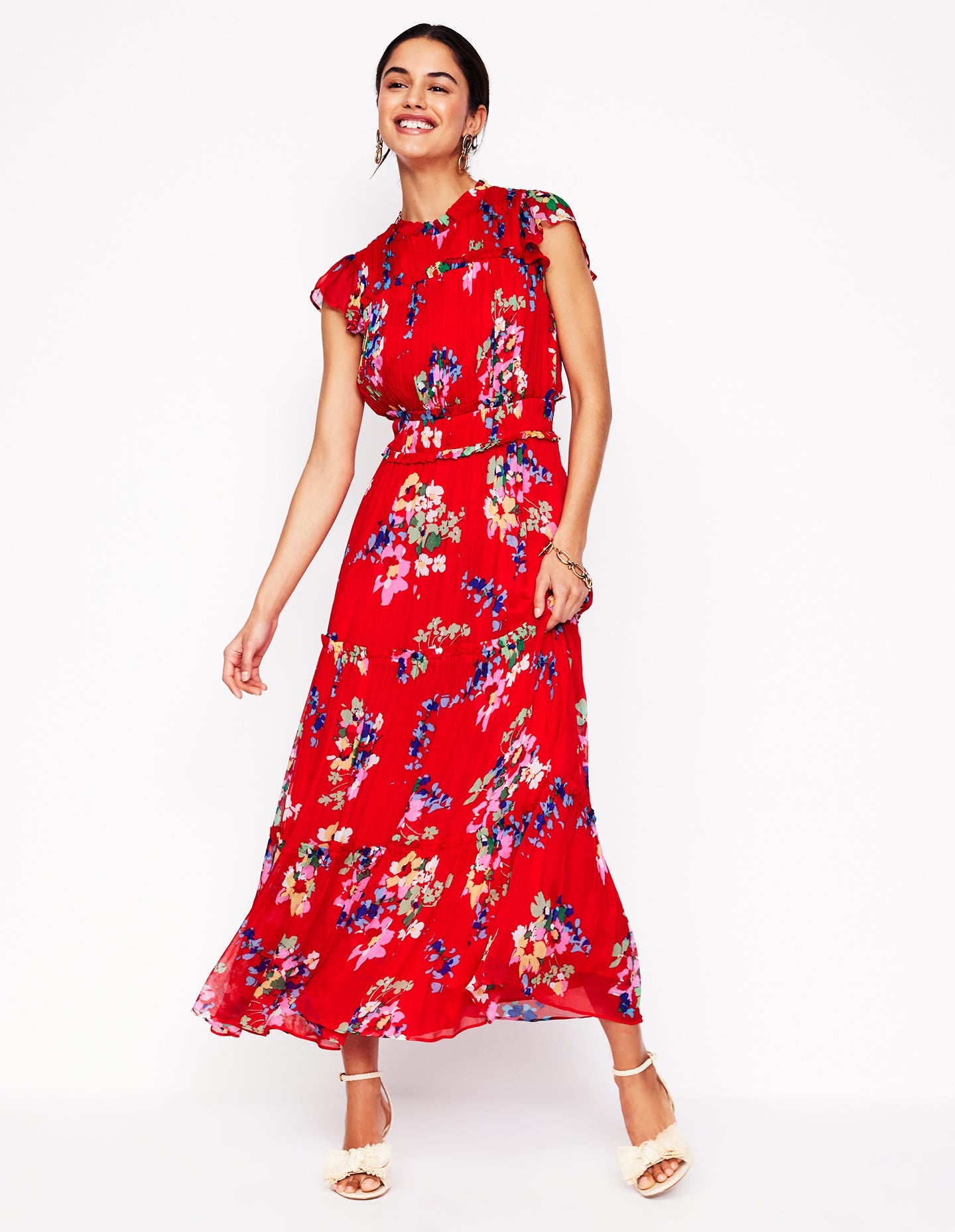 High Neck Sleeveless Dress-Rouge, Delicate Blooms - Image 1
