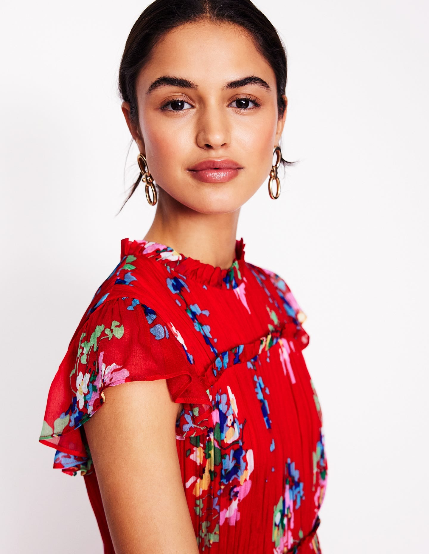 High Neck Sleeveless Dress-Rouge, Delicate Blooms - Image 2