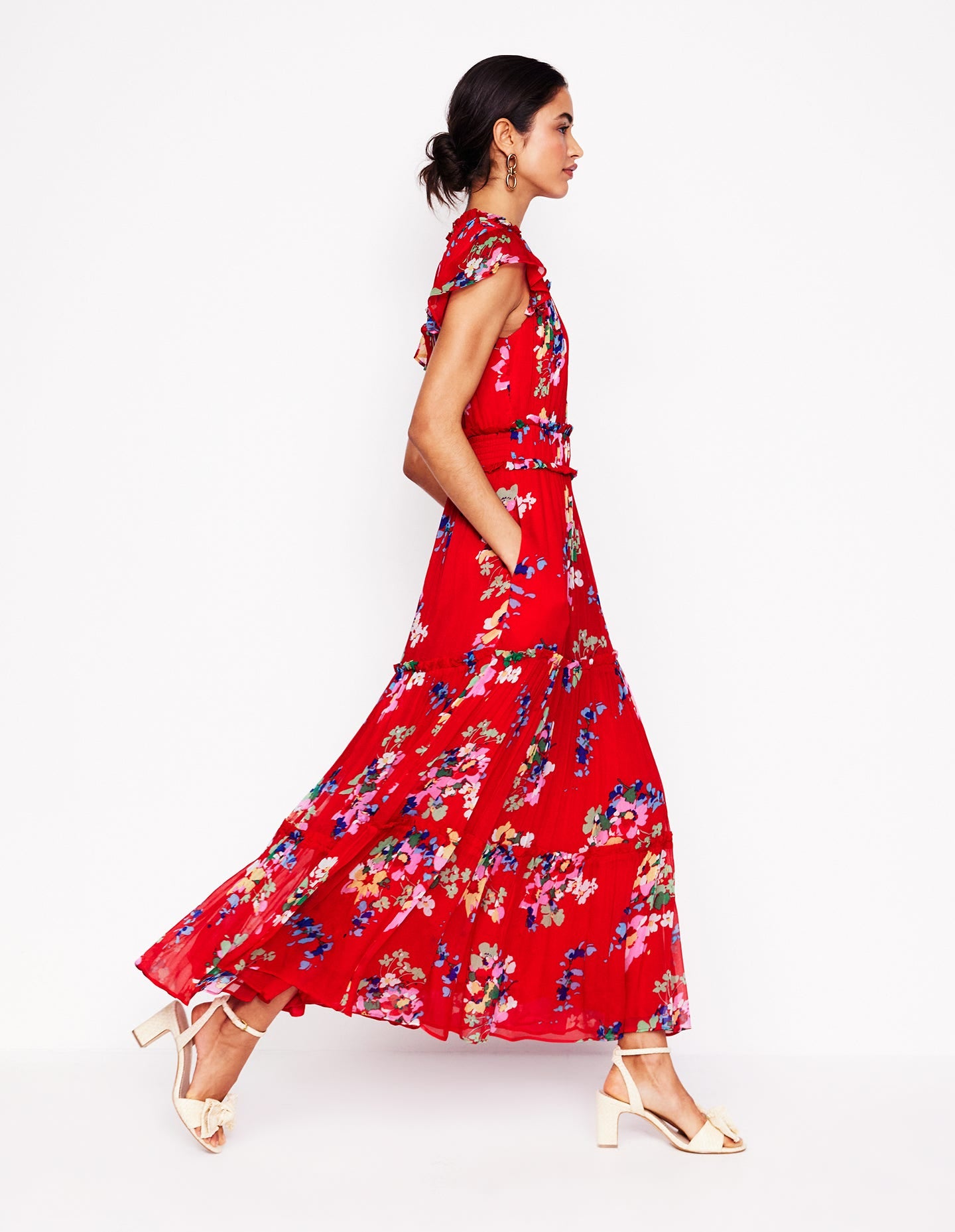 High Neck Sleeveless Dress-Rouge, Delicate Blooms - Image 4
