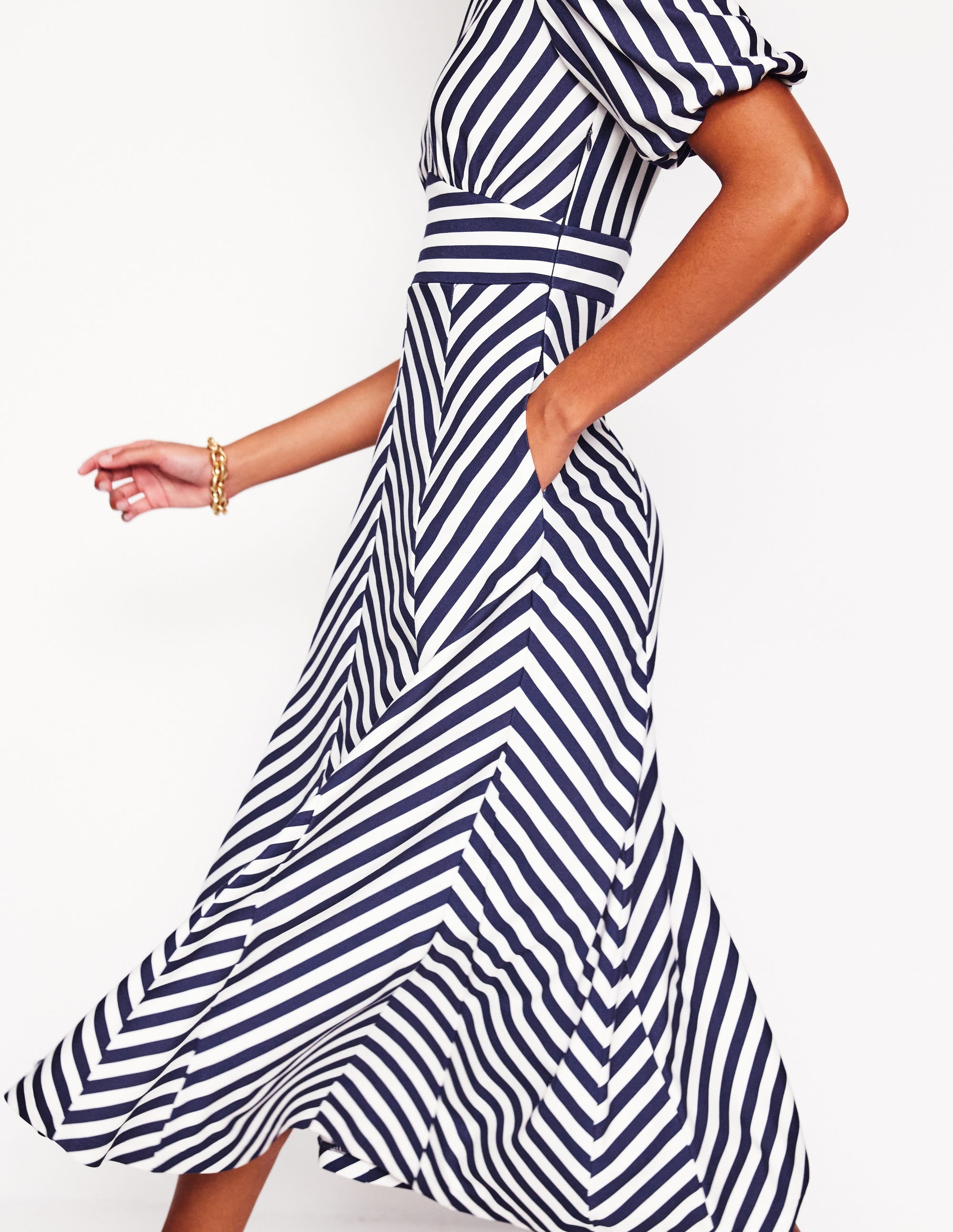 Ponte Panelled Tea Dress-French Navy, Ivory Stripe - Image 2