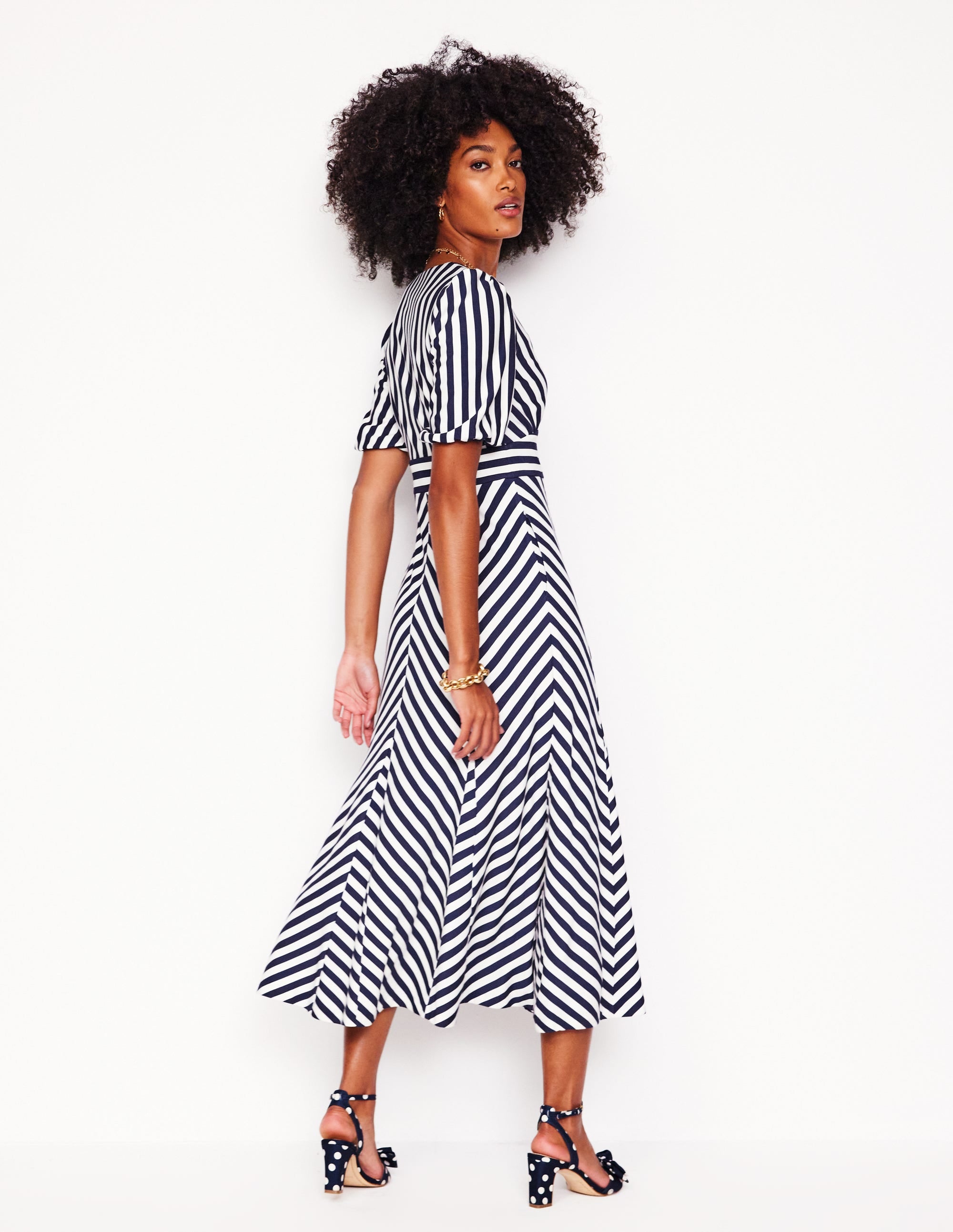 Ponte Panelled Tea Dress-French Navy, Ivory Stripe - Image 3