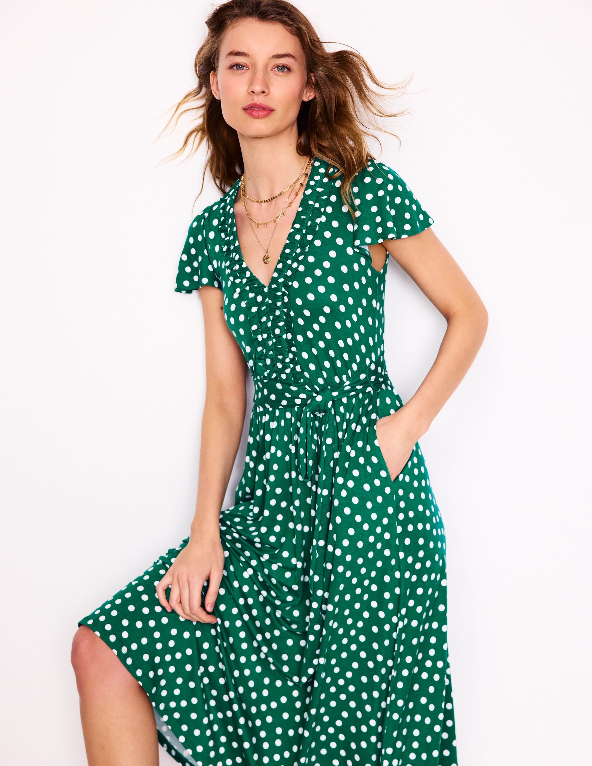 Nicola Jersey Tea Dress-Forest Grass, Painted Dot - Image 1
