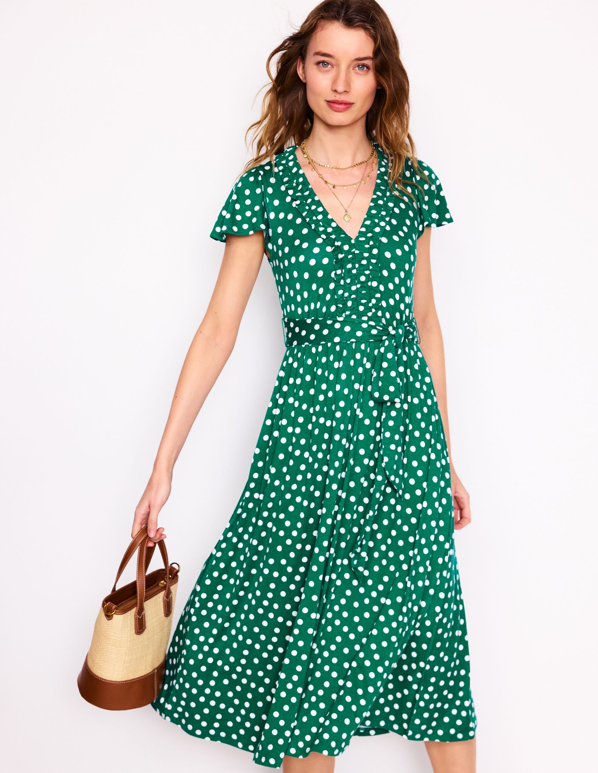 Nicola Jersey Tea Dress-Forest Grass, Painted Dot - Image 4