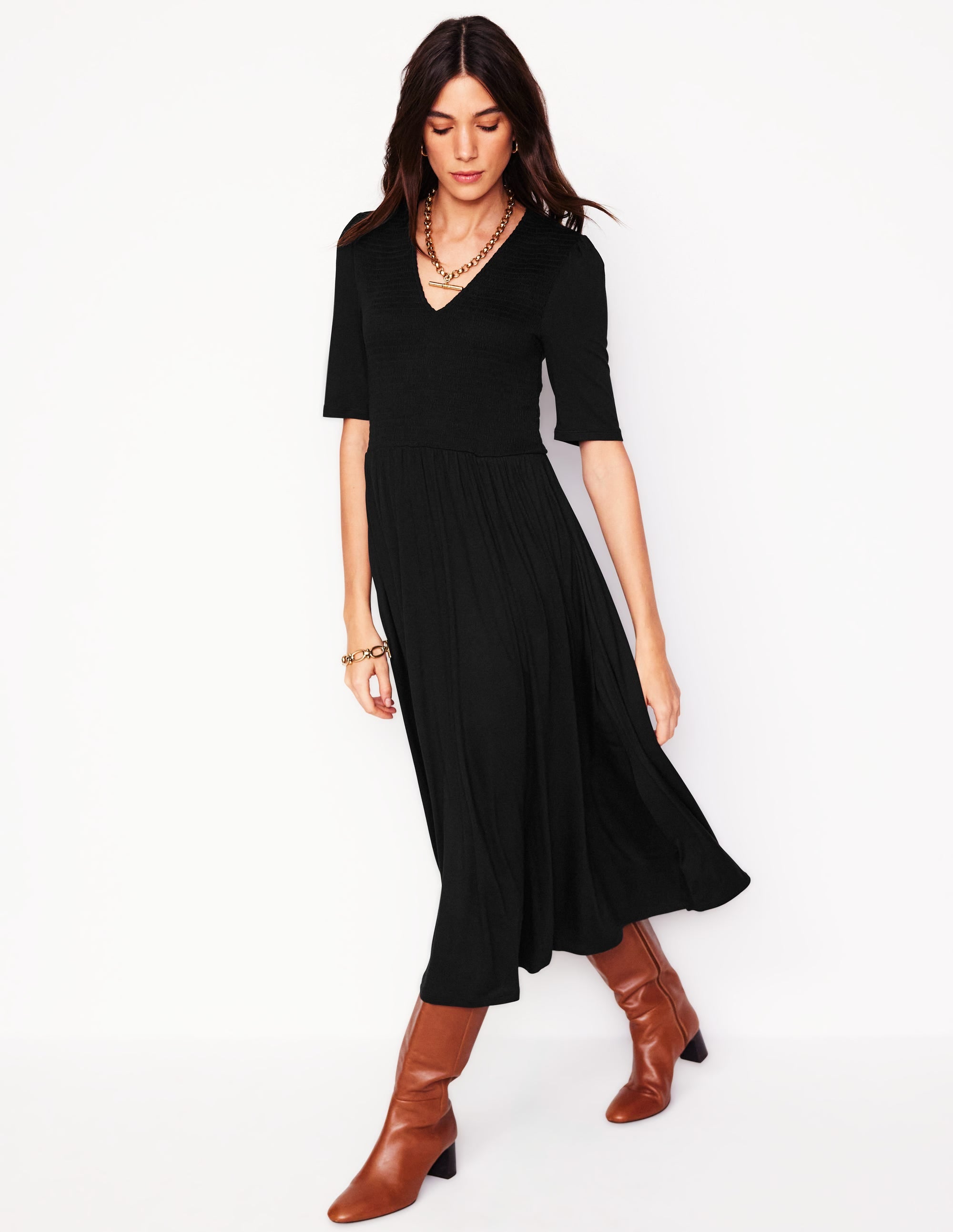 Bethany Smocked Jersey Dress-Black - Image 4