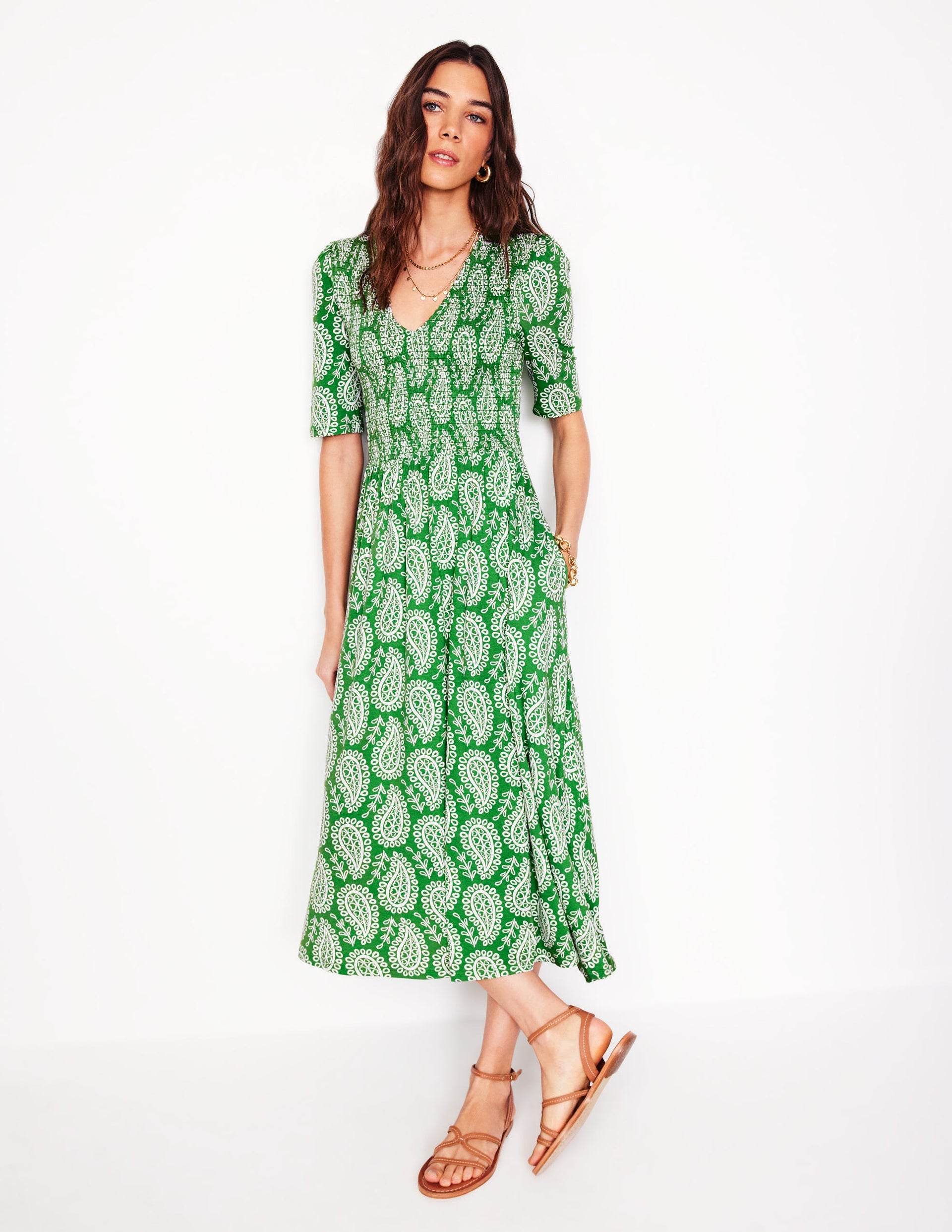 Bethany Smocked Jersey Dress-Paradise Green, Paisley Heart | Boden AU Bethany Smocked Jersey Dress-Paradise Green, Paisley Heart | Boden AU