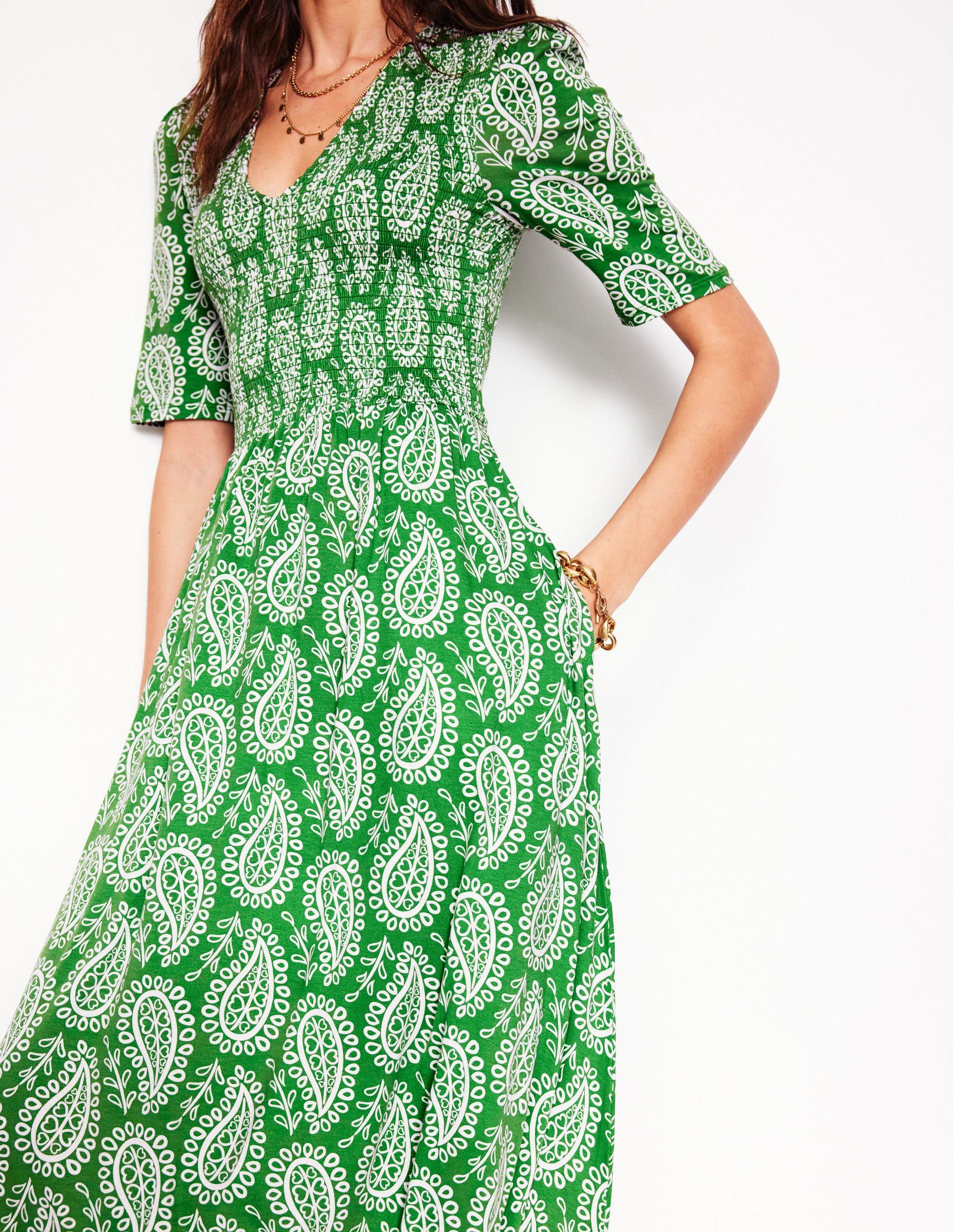 Bethany Smocked Jersey Dress-Paradise Green, Paisley Heart | Boden UK Bethany Smocked Jersey Dress-Paradise Green, Paisley Heart | Boden UK