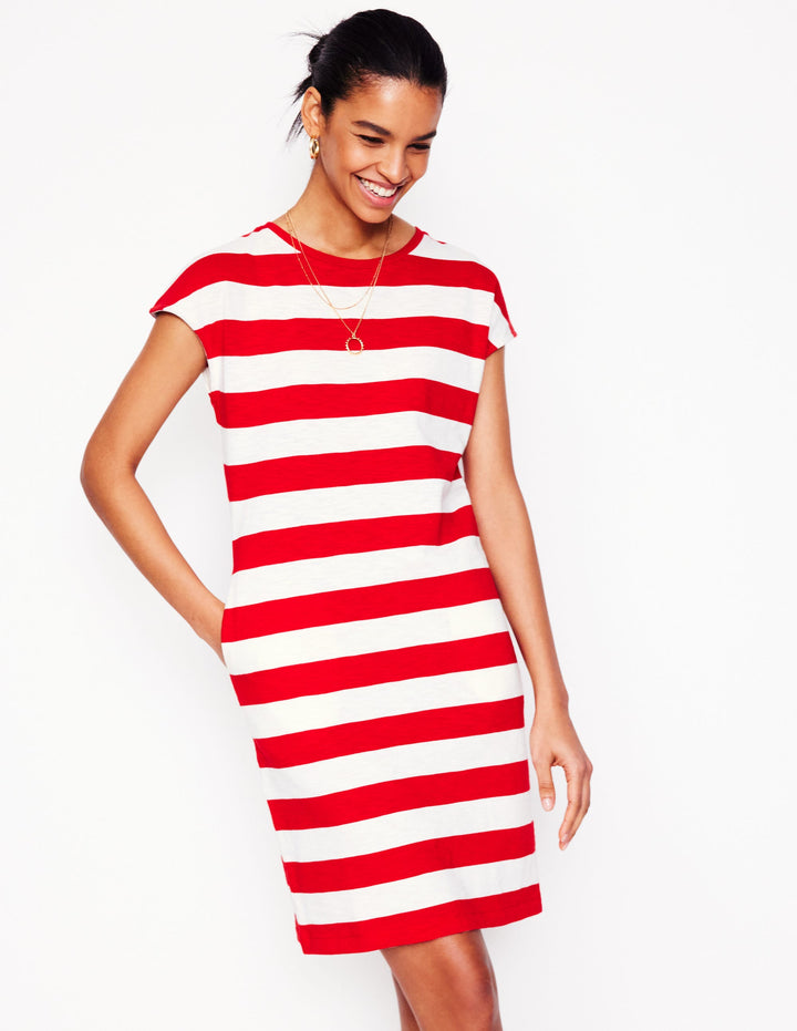 Leah Jersey T-shirt Dress-Poppy Red, White Stripe