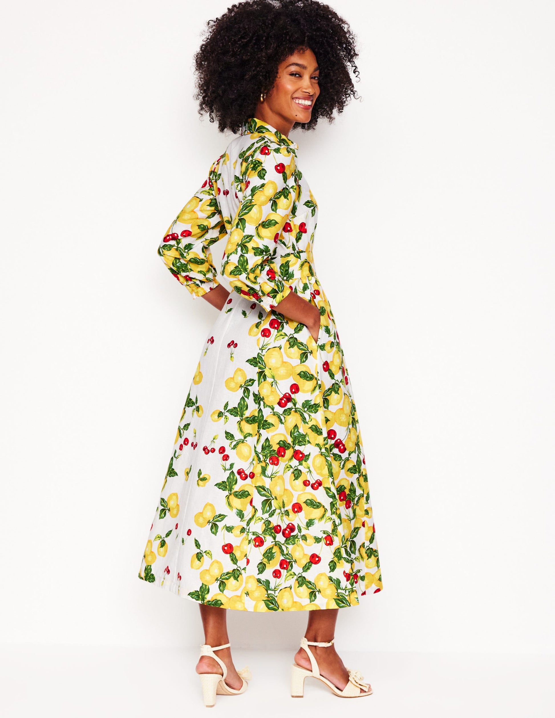Clara Linen Blend Shirt Dress-Ivory, Cherries and Lemons-4