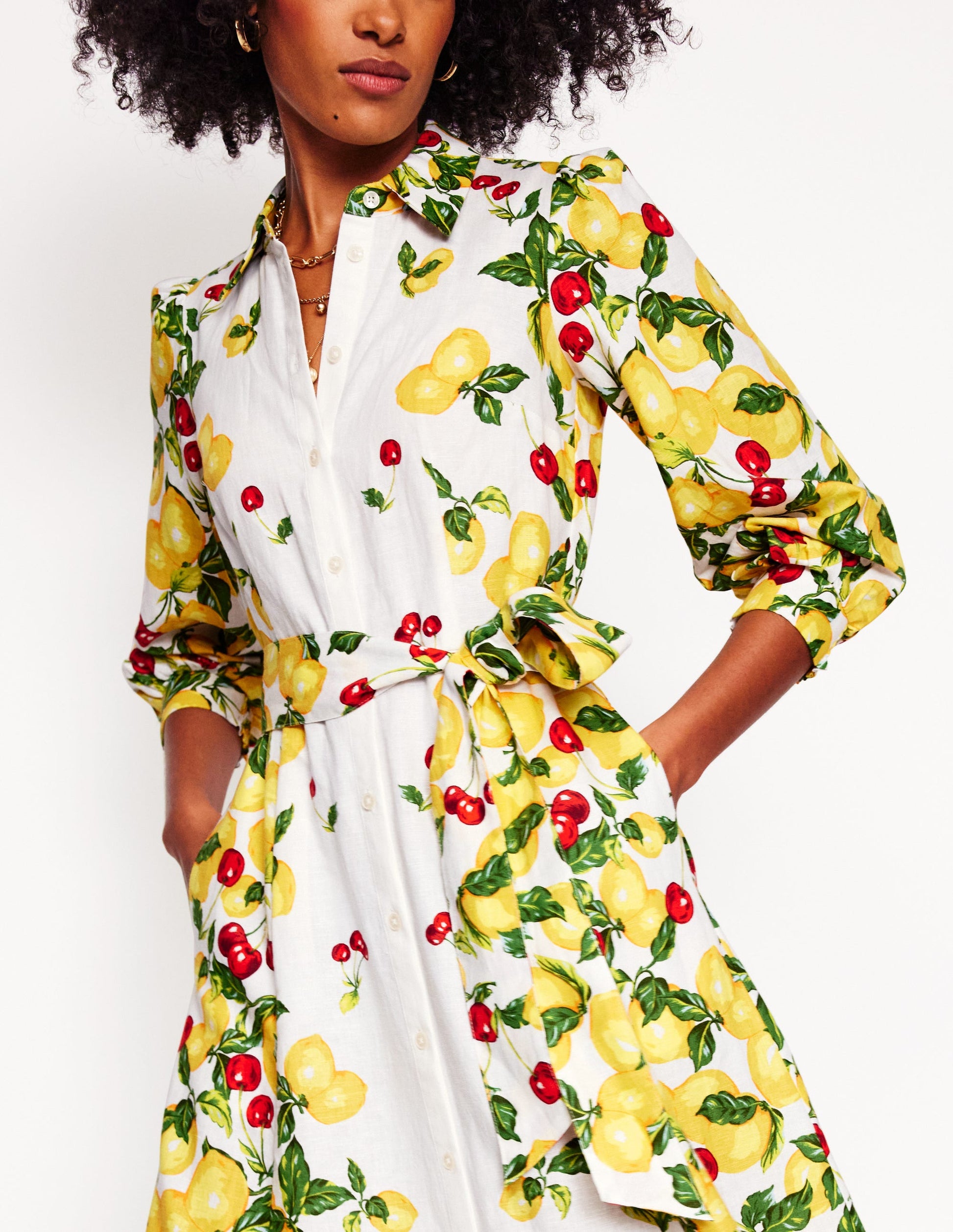 Clara Linen Blend Shirt Dress-Ivory, Cherries and Lemons-6