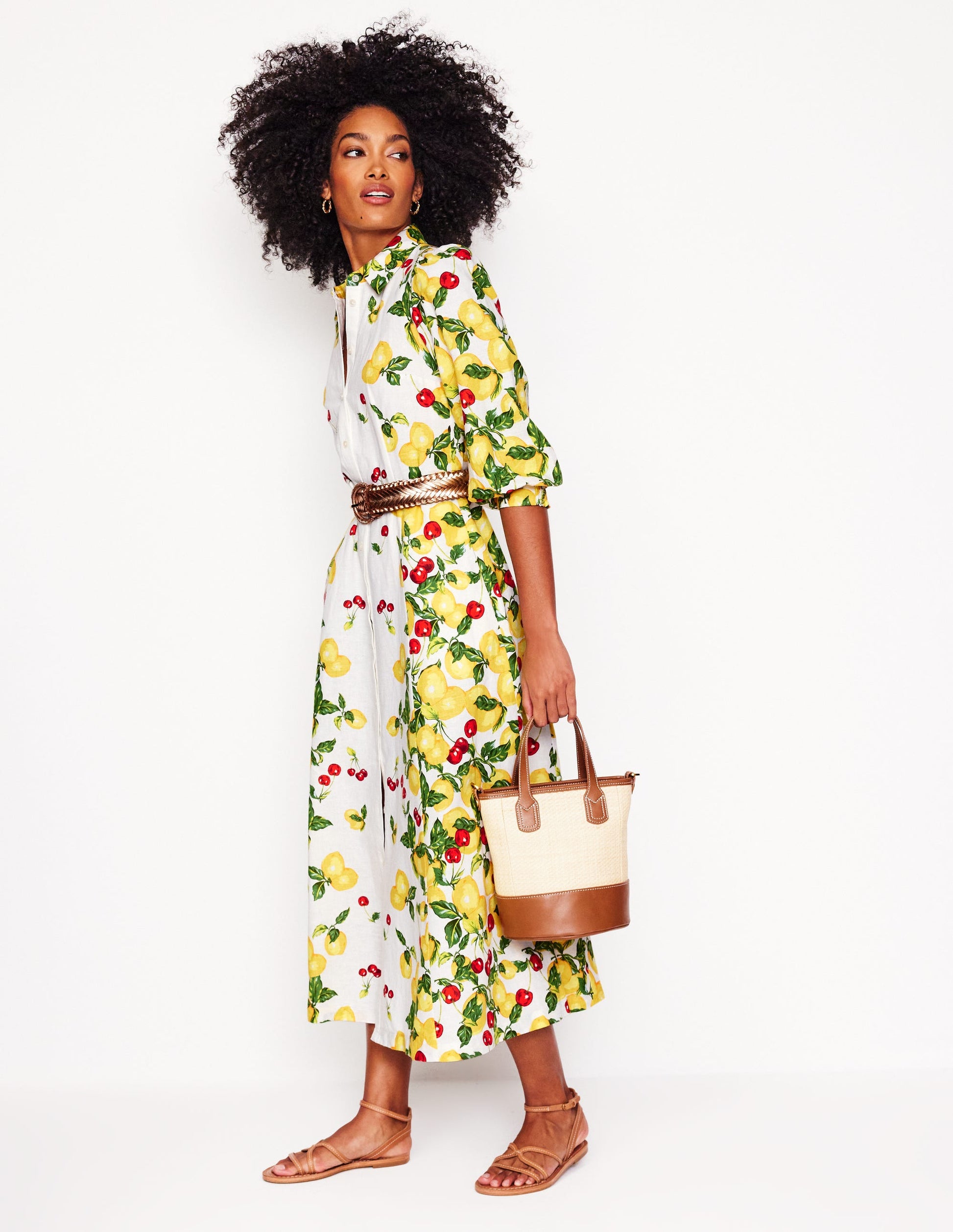 Clara Linen Blend Shirt Dress-Ivory, Cherries and Lemons-7